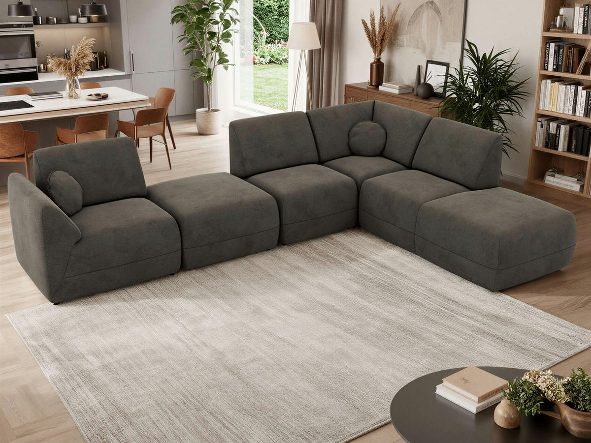 ROHOVÁ SEDAČKA NOARA 6M L Tmavě šedá Samet - Pravá - černá/tmavě šedá, textil/plast (355/244cm) - MKS