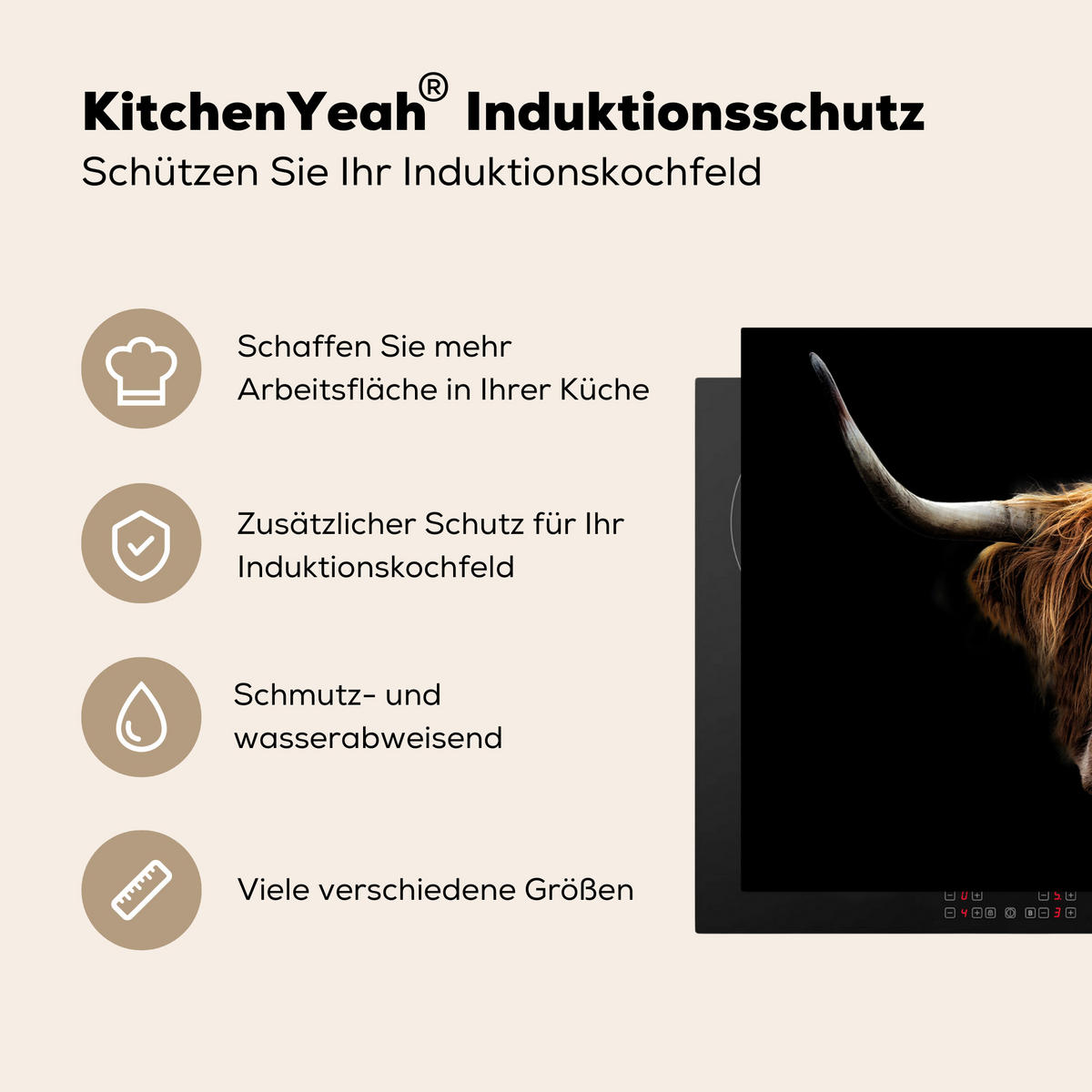 HERDABDECKPLATTE Schottischer Highlander - Hörner - Schwarz - Tiere - Natur - Wild - Kuh 80x52 cm - Cognac, Kunststoff (80/0.2/52cm) - MuchoWow