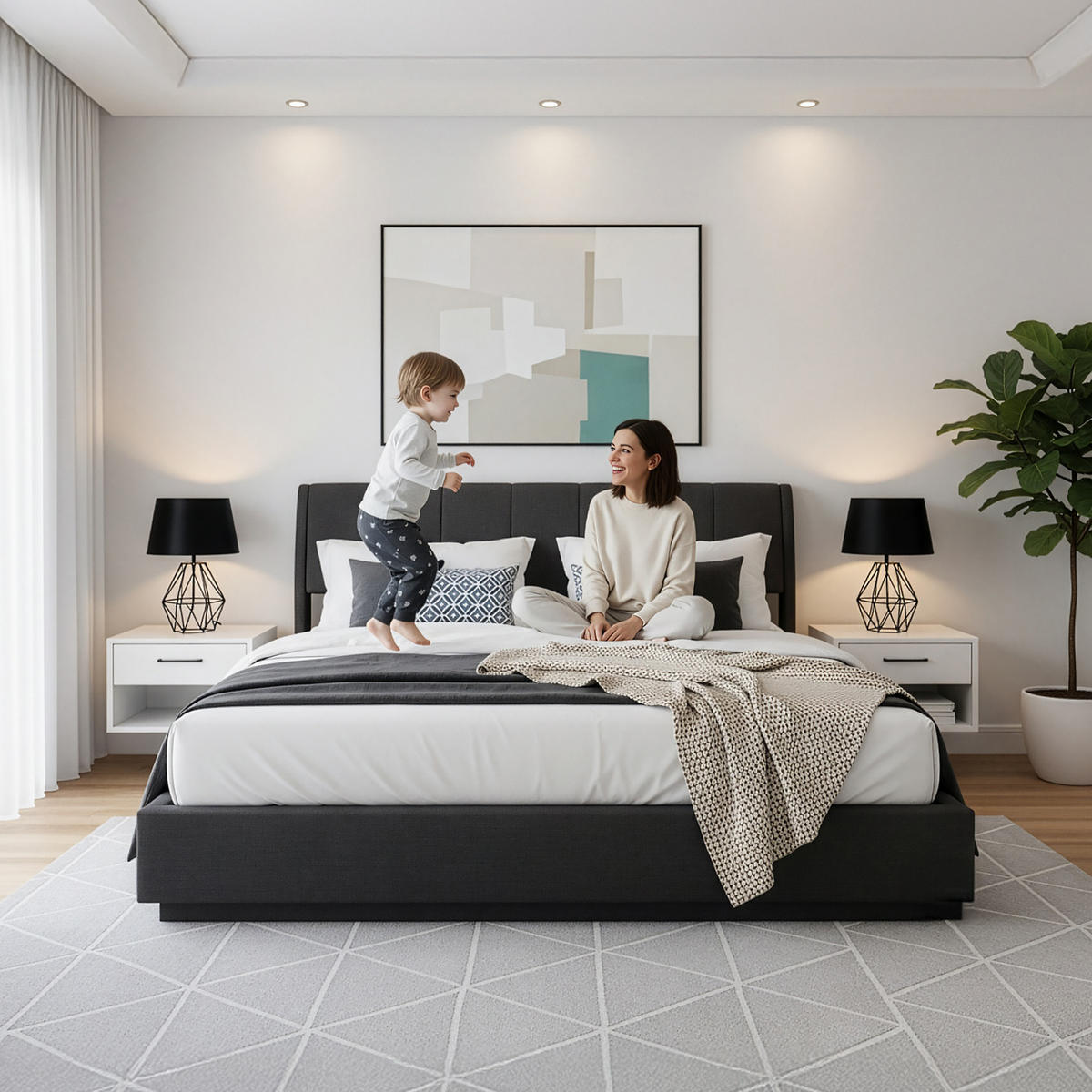 LED ČALOUNĚNÁ POSTEL Tröstiar - černá, kov/kompozitní dřevo (180/200cm) - [en.casa]