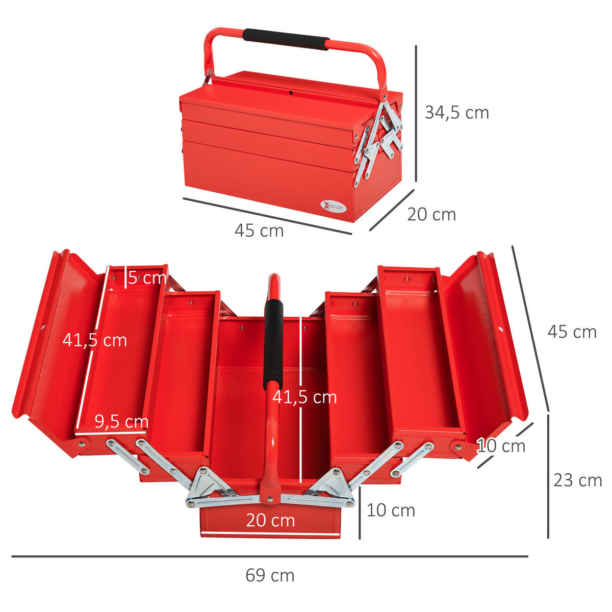 WERKZEUGKASTEN Werkzeugkoffer 5 Fächer aufklappbar Stahl Rot 45 x 20 x 34,5cm - Rot, Metall (20/34.5/45cm) - DURHAND