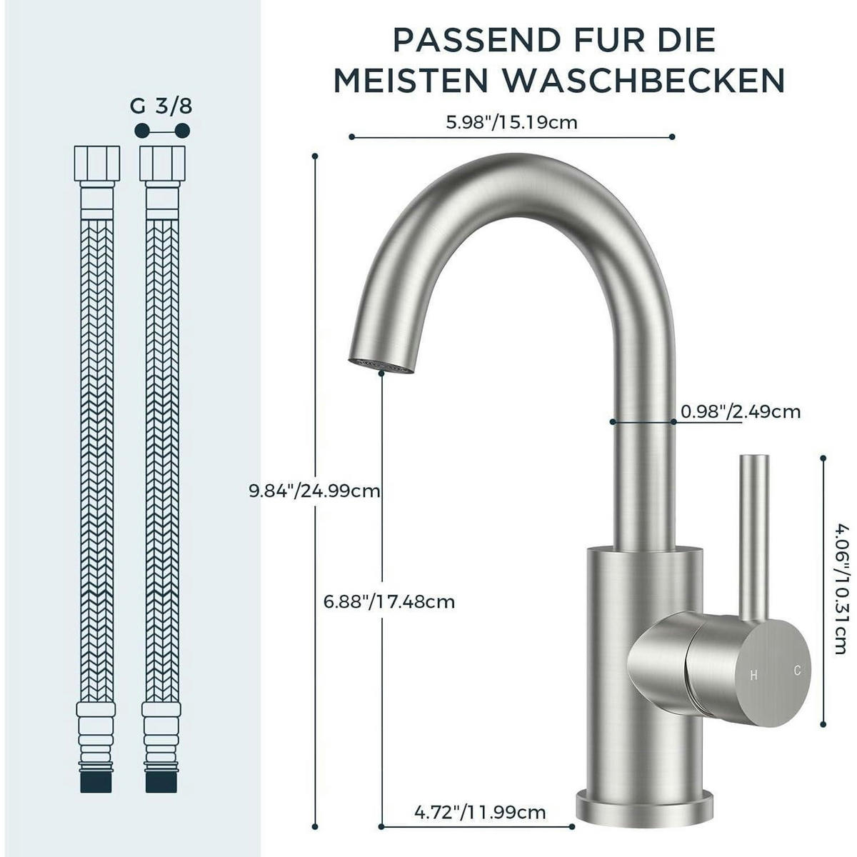 WASCHTISCHARMATUR Hoch 360° drehbar Edelstahl gebürstet 175 mm - Silberfarben, Metall (6.9/12.7/25cm)