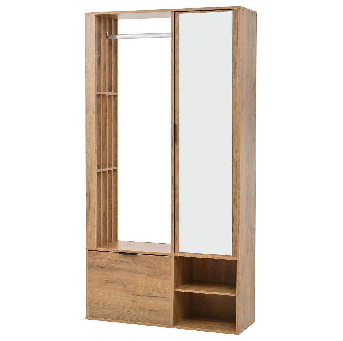 GARDEROBENSCHRANK mit Spiegel 100 x 33 x 190 cm Holzoptik mit 9 Ablagefächern - Braun, Holzwerkstoff (33/190/100cm) - Beauniv