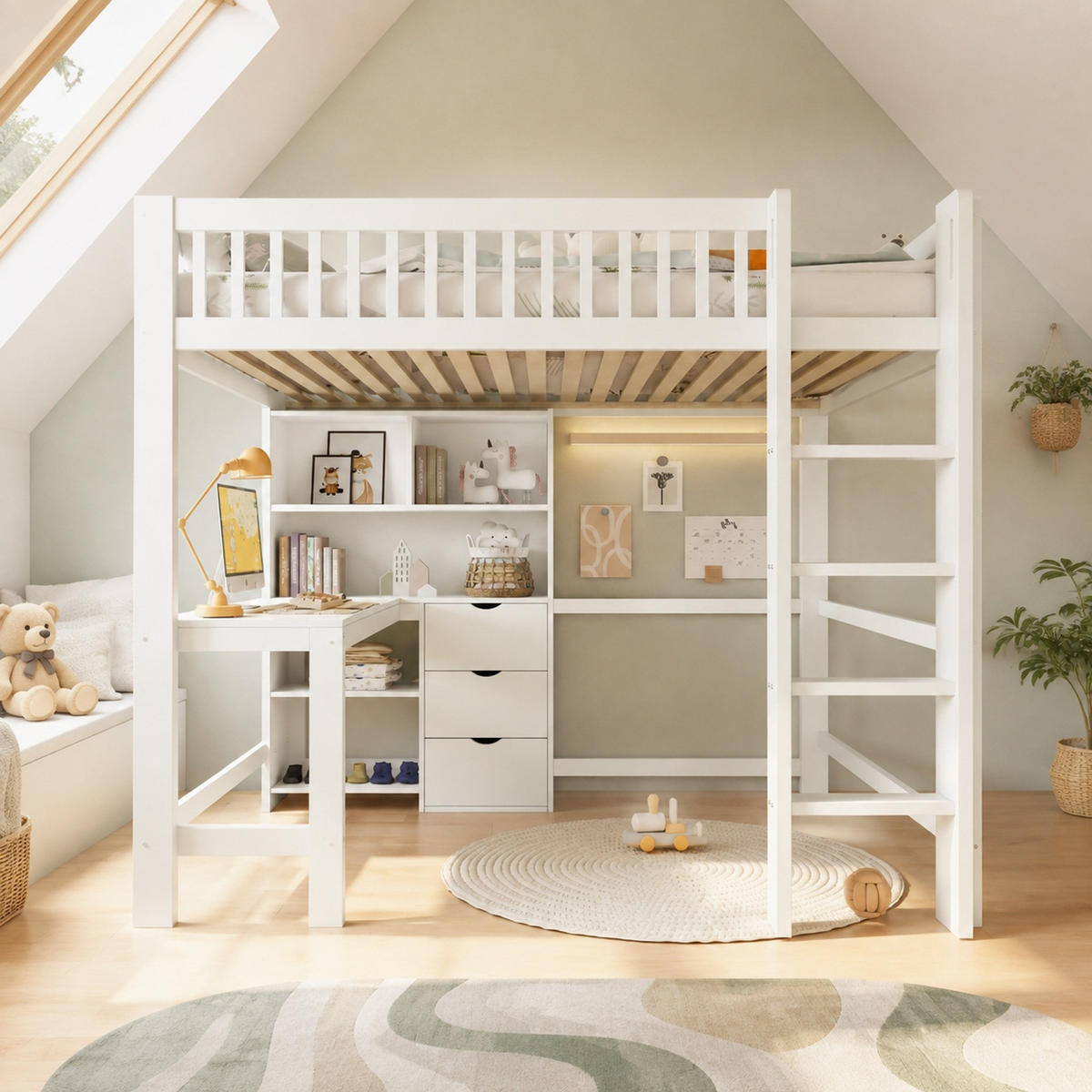 HOCHBETT 140/200 mit Schreibtisch und Schubladen in Weiß - Weiß, Holzwerkstoff (140/200cm) - EVRYAE