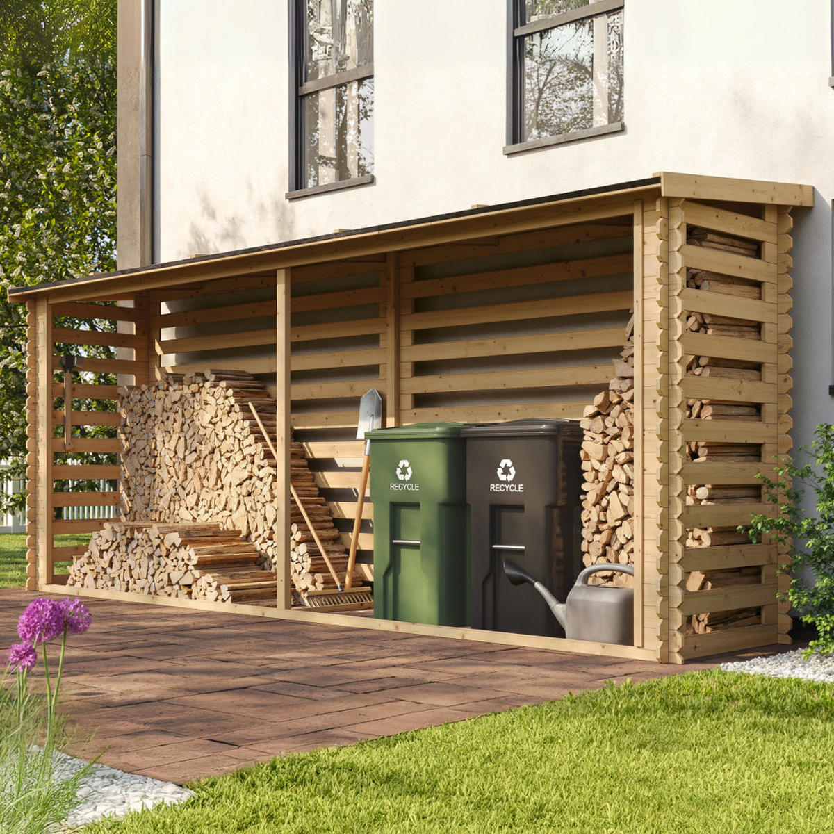 KAMINHOLZREGAL aus Holz 3,91 m², langes Brennholzregal mit Pultdach, ca. 6,95 m³ Brennholzkapazität, 458 x 112 x 199 cm (B x T x H) - Naturfarben, Holz (458/199/112cm) - Timbela