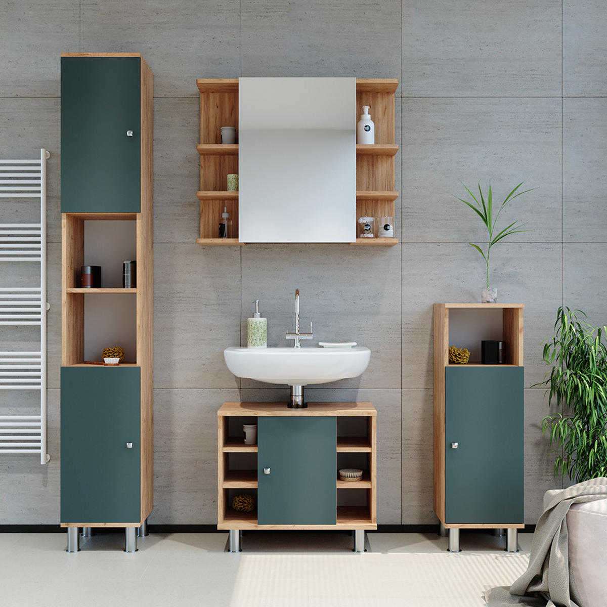 SADA NÁBYTKU DO KOUPELNY Fynn Zelená 3 díly, se střední jednotkou - zelená barva, kompozitní dřevo (60/54/32cm) - Vicco