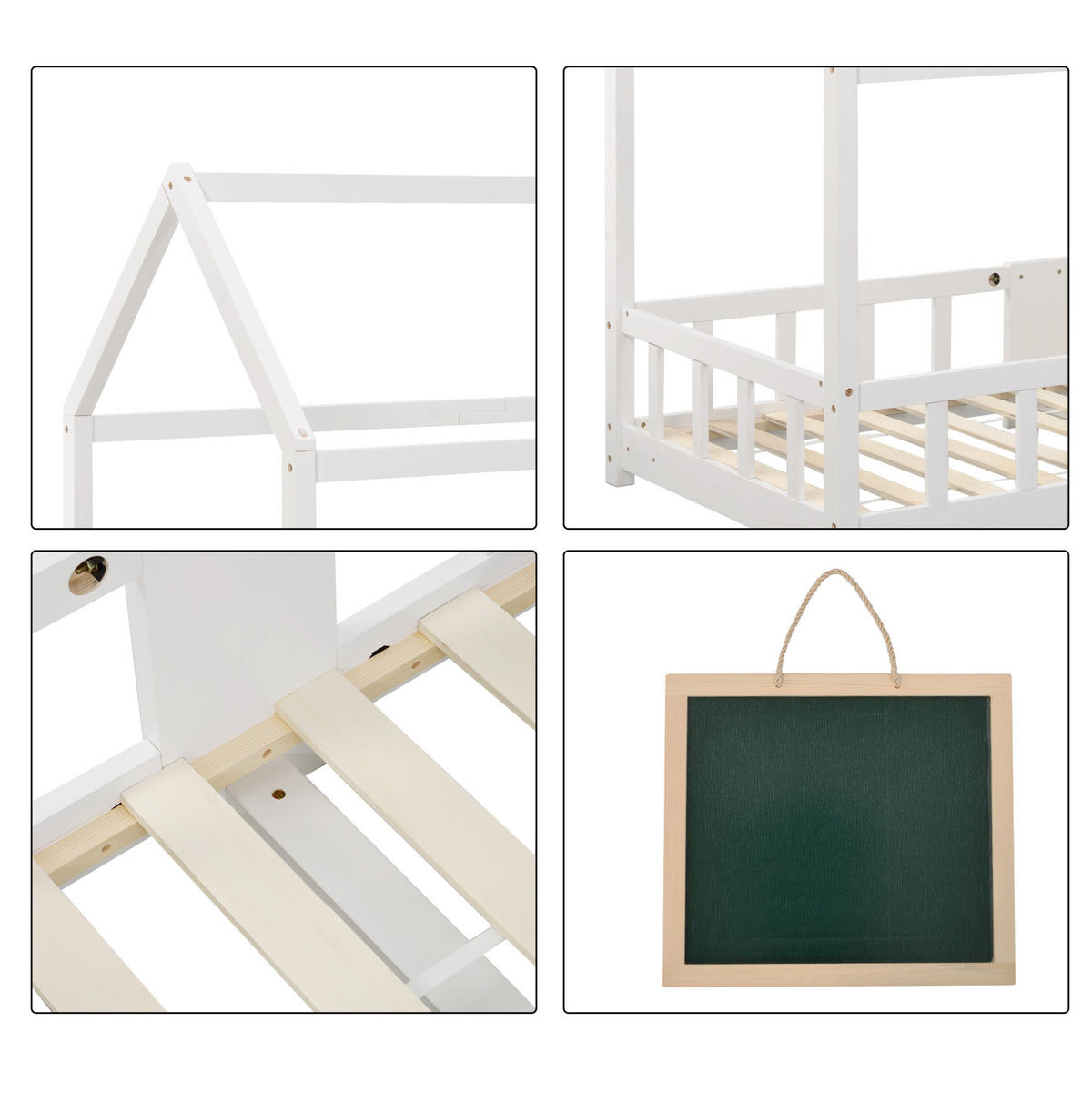 HAUSBETT 90/200 cm aus Kiefernholz mit Tafel und Rausfallschutz - Weiß, Holz (90/200cm) - OKWISH