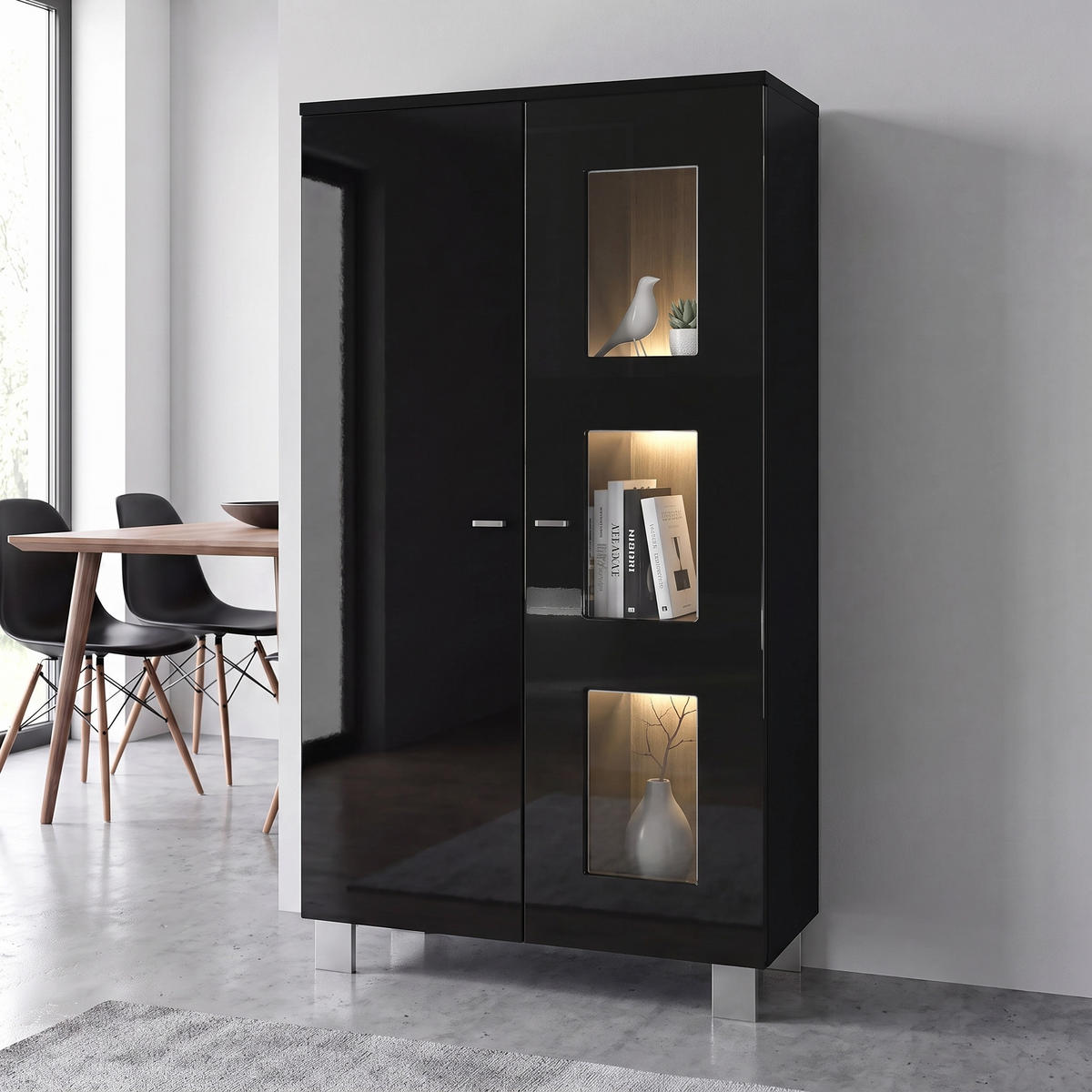 VITRINA Denjo Crna mat/Crna visoki sjaj, uklj. LED osvjetljenje (71 x 129 x 35 cm) - crna visoki sjaj, drvni materijal (71/129/35cm) - Vladon