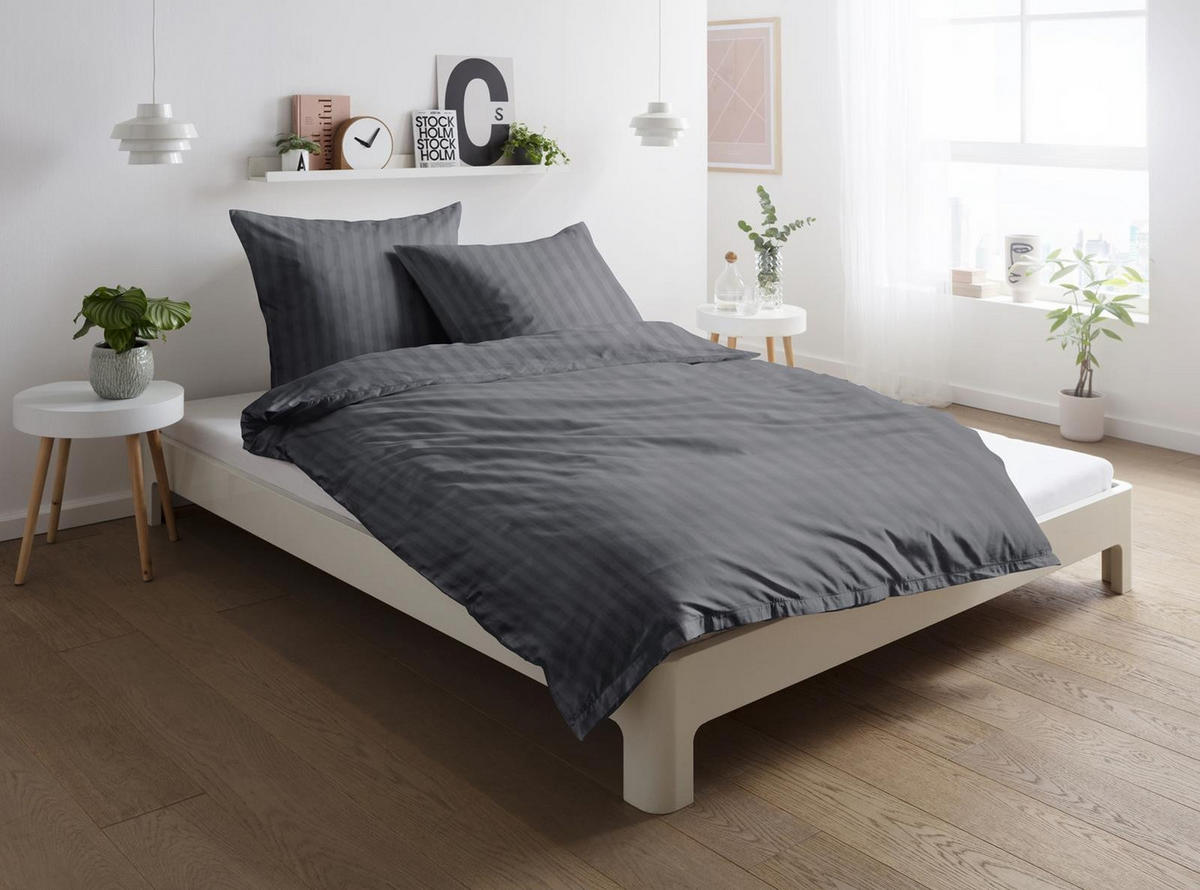 BETTWÄSCHE Damast 155x220 Anthrazit Dunkelgrau gestreift - Made in Germany - Anthrazit, Textil (155/220cm) - Carpe Sonno