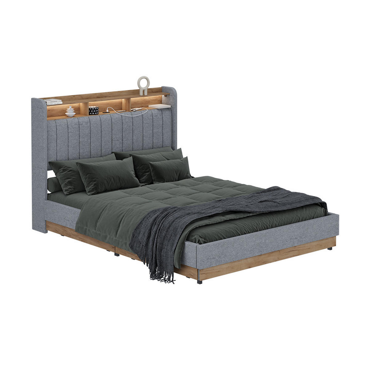 POLSTERBETT Nura Grau 140x200 cm mit 4 Schubladen - Eichefarben/Grau, Holzwerkstoff - VitaliSpa