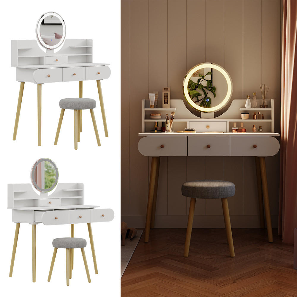 SCHMINKTISCH Edda Weiß 100 cm mit LED-Spiegel und Hocker - Weiß, Holzwerkstoff (100/130/40cm) - Vicco