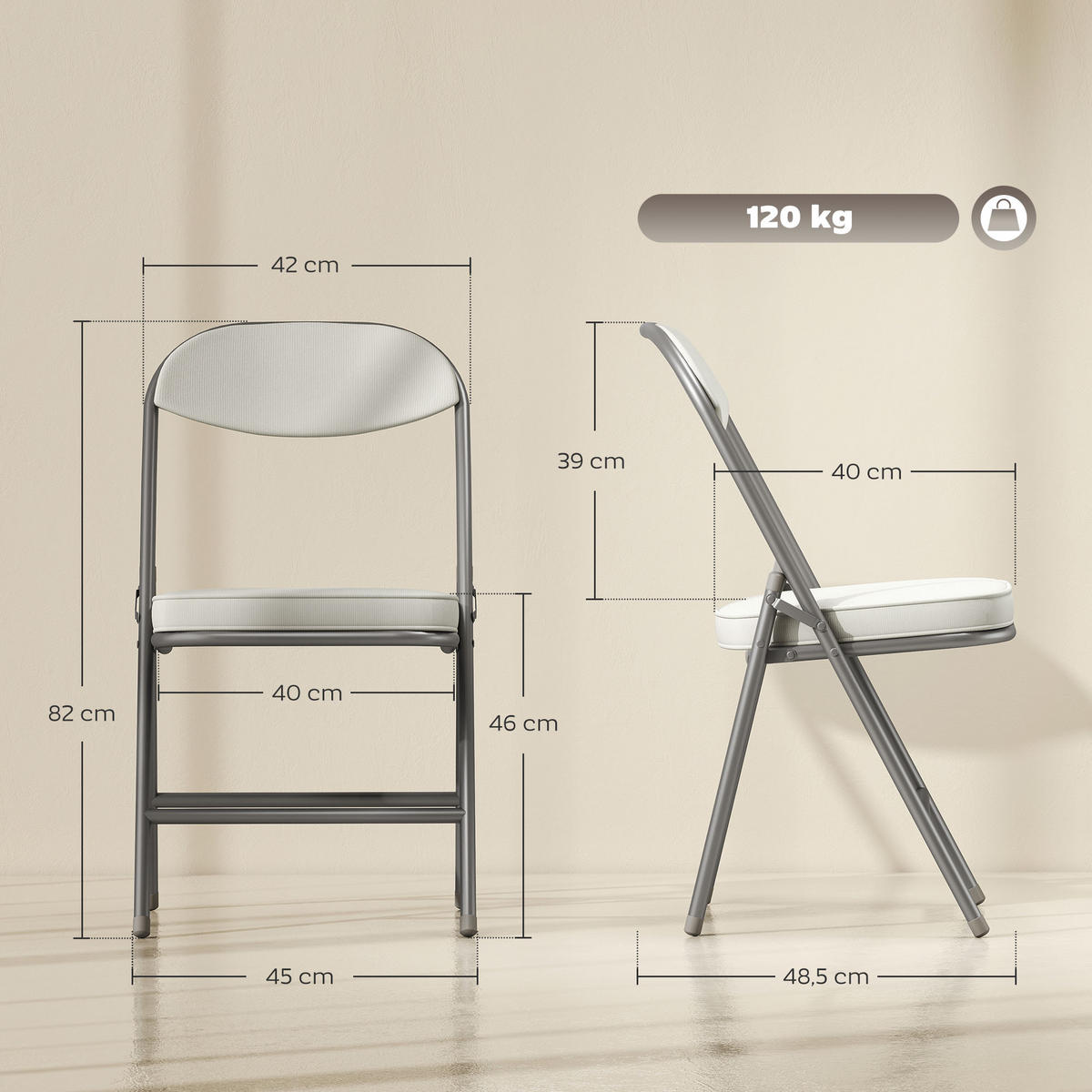 KLAPPSTUHL 4er Set Polyester Stahl Cremeweiß - Weiß, Kunststoff (45/82/48.5cm) - HOMCOM