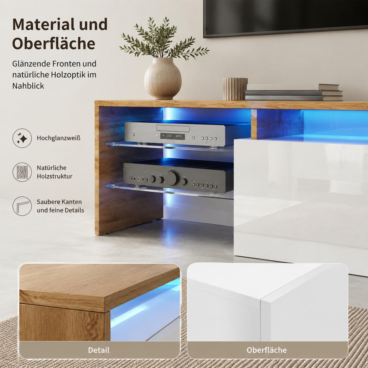LOWBOARD 170/33/33,5 cm aus Spanplatte mit LED-Beleuchtung und Glasböden Weiß/Naturfarben - Weiß, Holzwerkstoff (170/33.5/33cm) - Modenvie