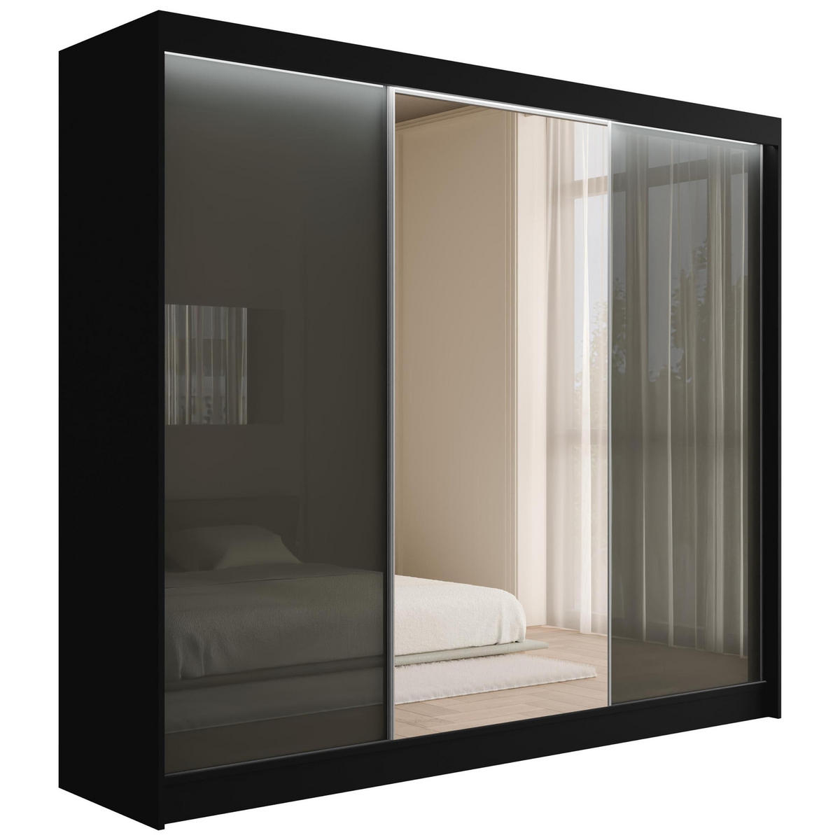 KLEIDERSCHRANK VESLI mit LED - 250 cm - Schwarz|Grau - Schwarz/Grau, Holzwerkstoff (250/215/61cm) - ALTDECOR