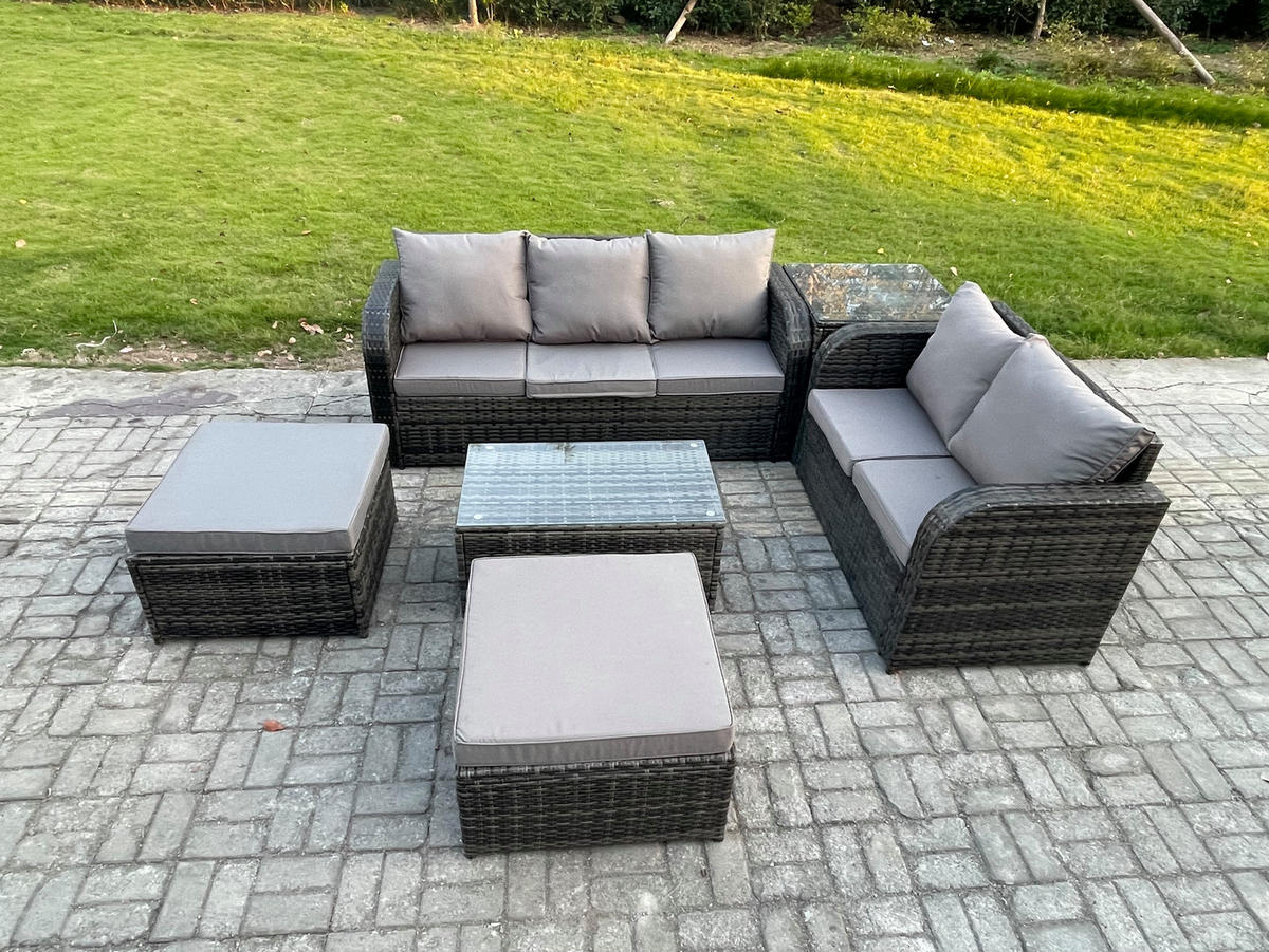 GARTENMÖBELGARNITUR mit KISSEN Polyrattan Dunkelgrau 7-Sitzer - Dunkelgrau/Grau, Glas/Kunststoff - Fimous