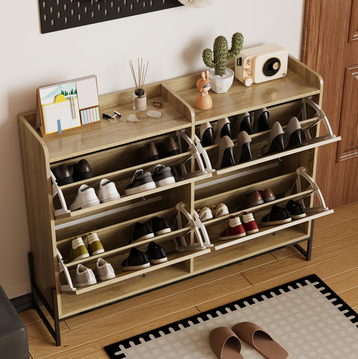 SCHUHSCHRANK 121/25/91,5 cm in Natur mit 4 Klappen und PE-Rattan - Naturfarben, Holzwerkstoff (118/91.5/25cm) - Flora Grace