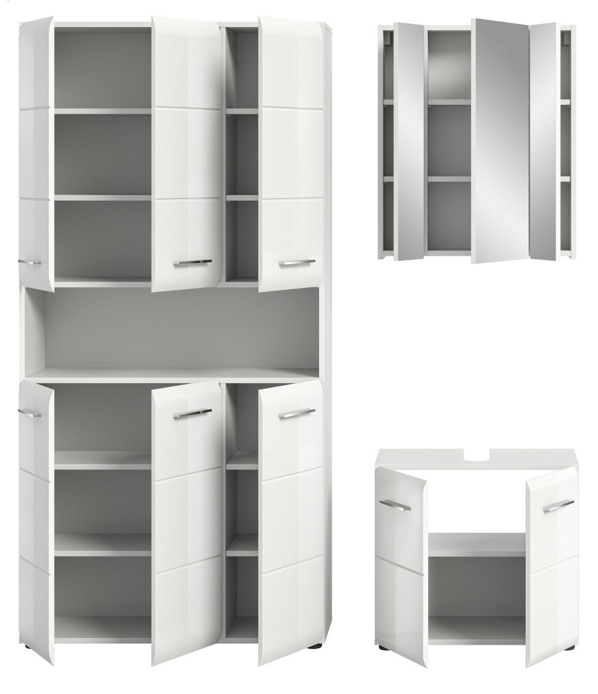 BADMÖBEL SET 3-teilig in weiß Hochglanz Badkombination 165 x 185 cm Cover - Weiß Hochglanz/Silberfarben, Holzwerkstoff/Kunststoff (165/185/30cm) - Inn.Furn