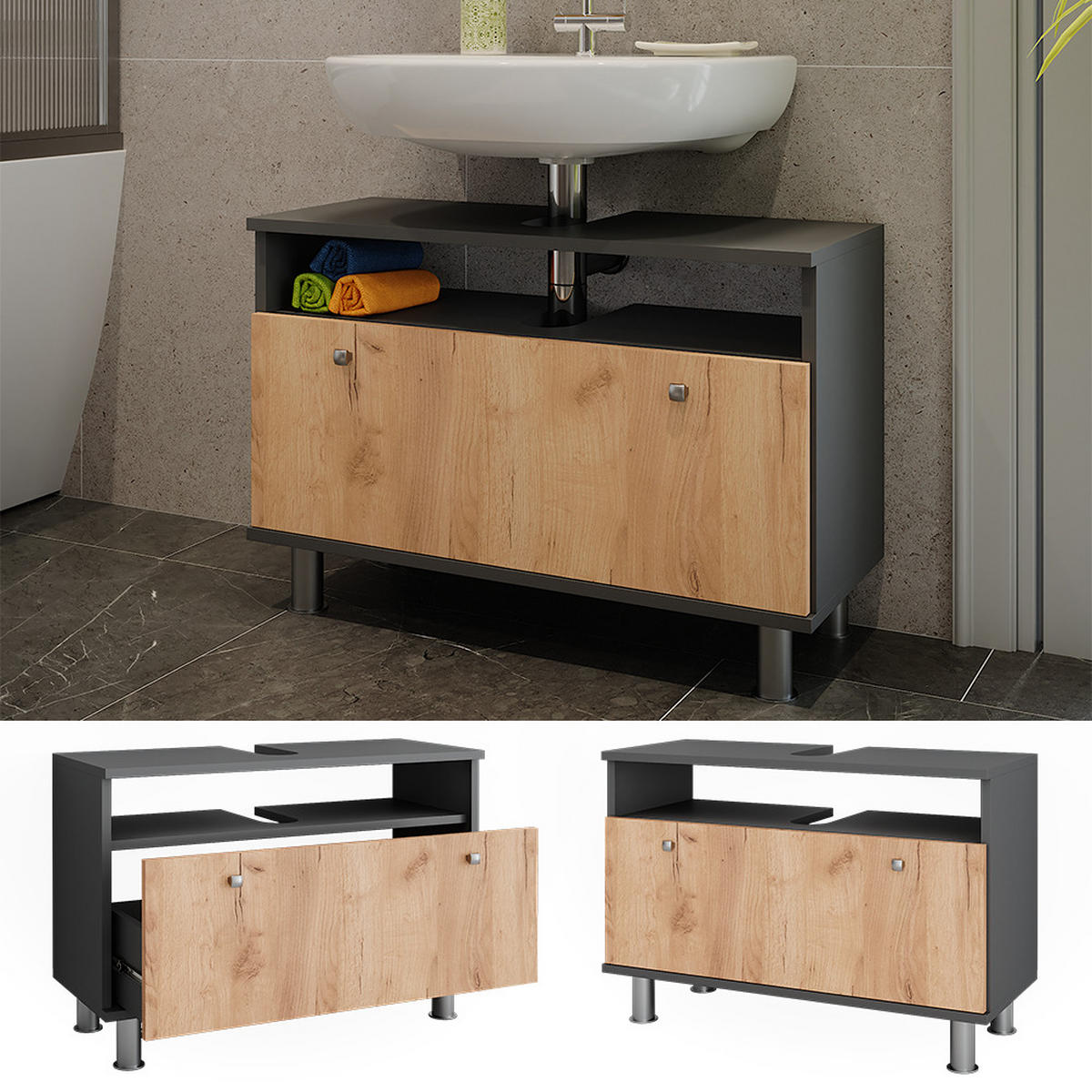 WASCHBECKENUNTERSCHRANK Fynn Anthrazit/Goldkraft Eiche 80.2 x 54 cm mit Schublade - Honigeiche/Anthrazit, Holzwerkstoff (80.2/54/32cm) - Vicco