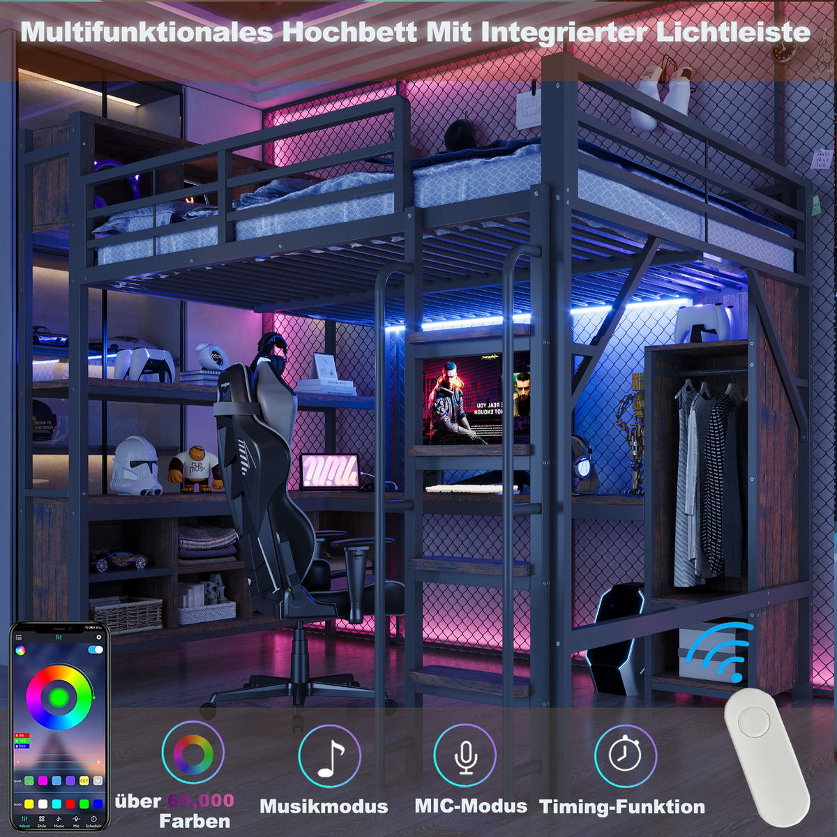 HOCHBETT 140/200 cm in Schwarz mit Schreibtisch, Kleiderschrank, Ablagefächern und LED Metall Design - Schwarz, Holzwerkstoff/Metall (140/200cm) - STILVORA