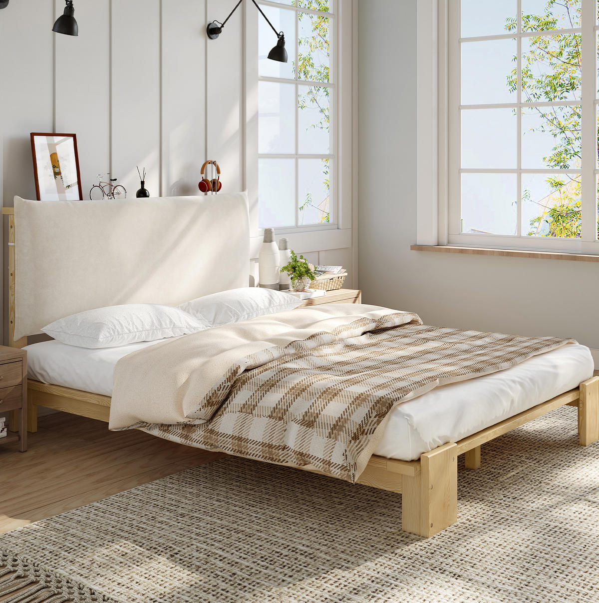 POLSTERBETT 140/200 cm Natur aus Holz und Stoff mit gepolsterter Rückenlehne - Naturfarben, Textil (140/200cm) - OKMYHOME