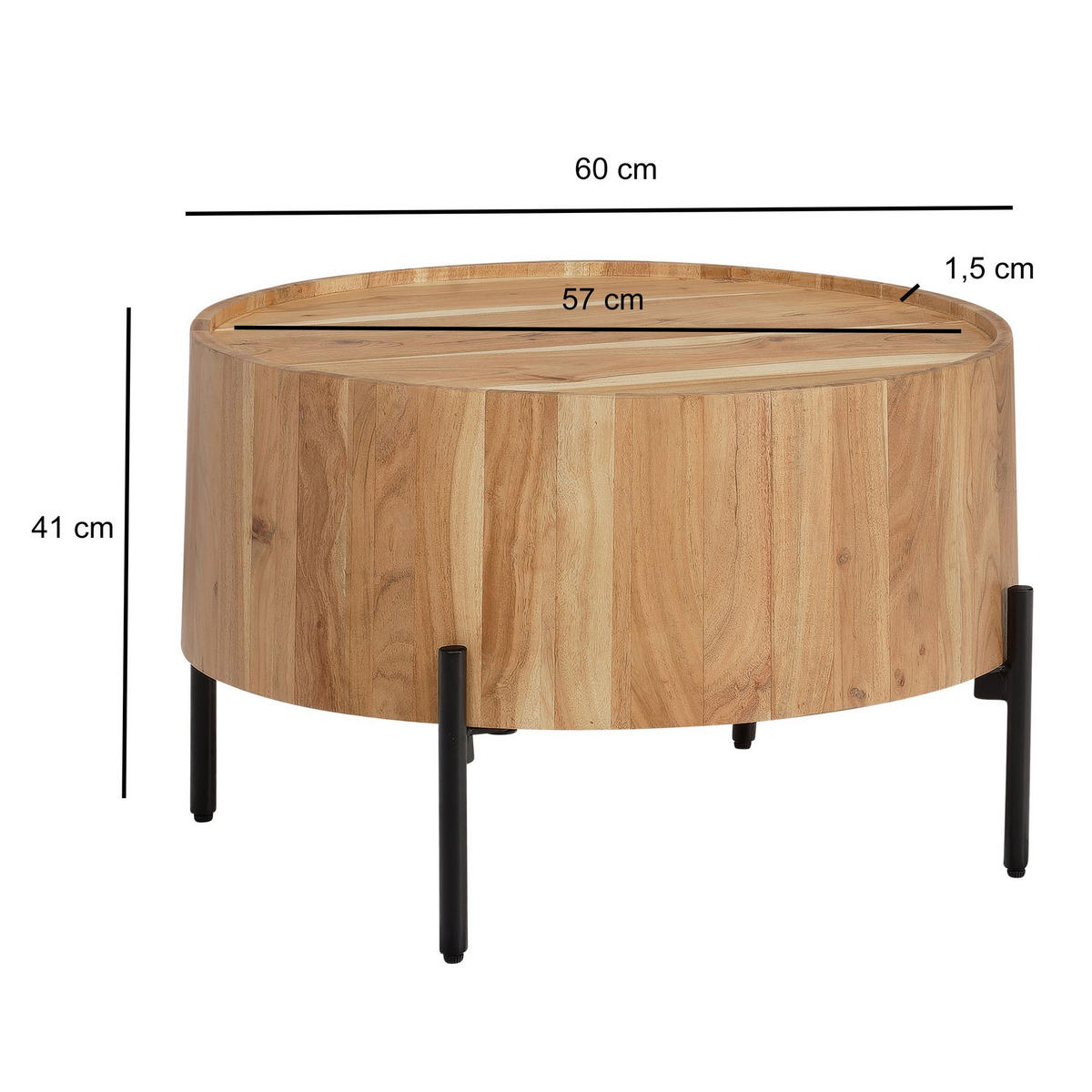 COUCHTISCH Akazie Massivholz Rund 60x60x41cm Metallgestell Braun/Schwarz - Schwarz/Akaziefarben, Holz/Metall (60/60/41cm) - KADIMA DESIGN