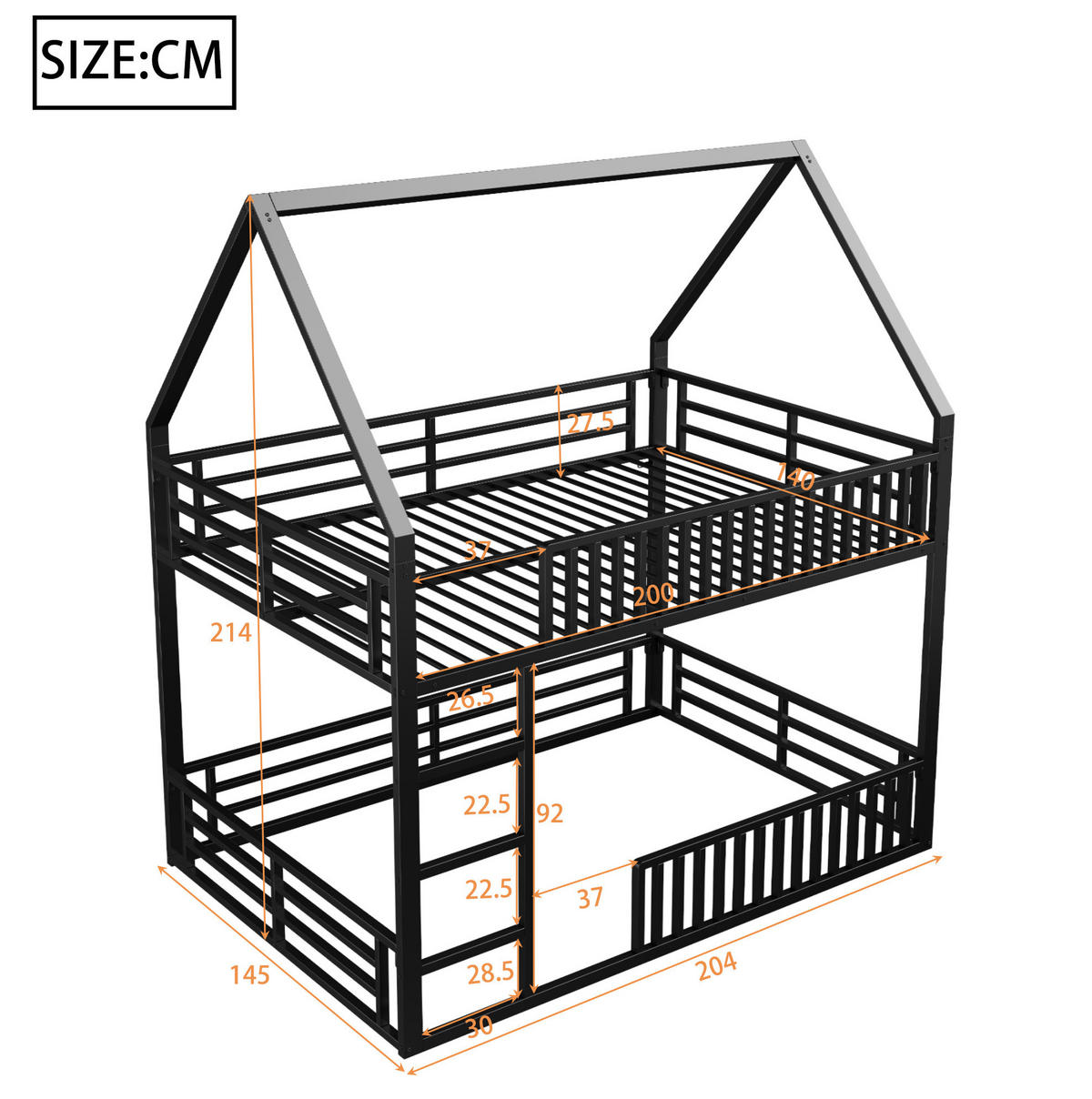 ETAGENBETT mit Hausform 140/200 cm, Schwarz mit LED-Licht - Schwarz, Metall (140/200cm) - MIVRAY