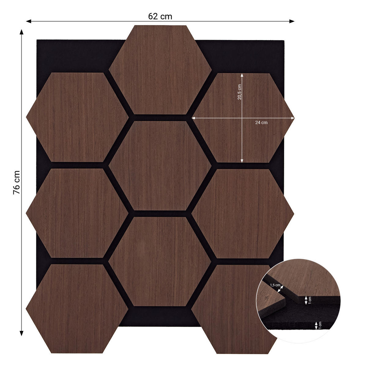 AKUSTIKPANEEL Hexagon Braun 4 Stück - Braun, Holz (62/76/2cm) - Homestyle4u
