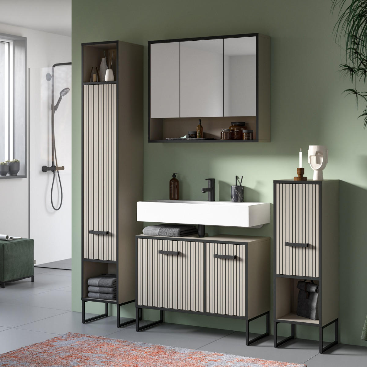 HÄNGESCHRANK mit 3 Spiegeltüren und 1 Nische Kaschmir 19/68/80 cm - Beige, Holzwerkstoff (19/68/44.5cm) - Calicosy