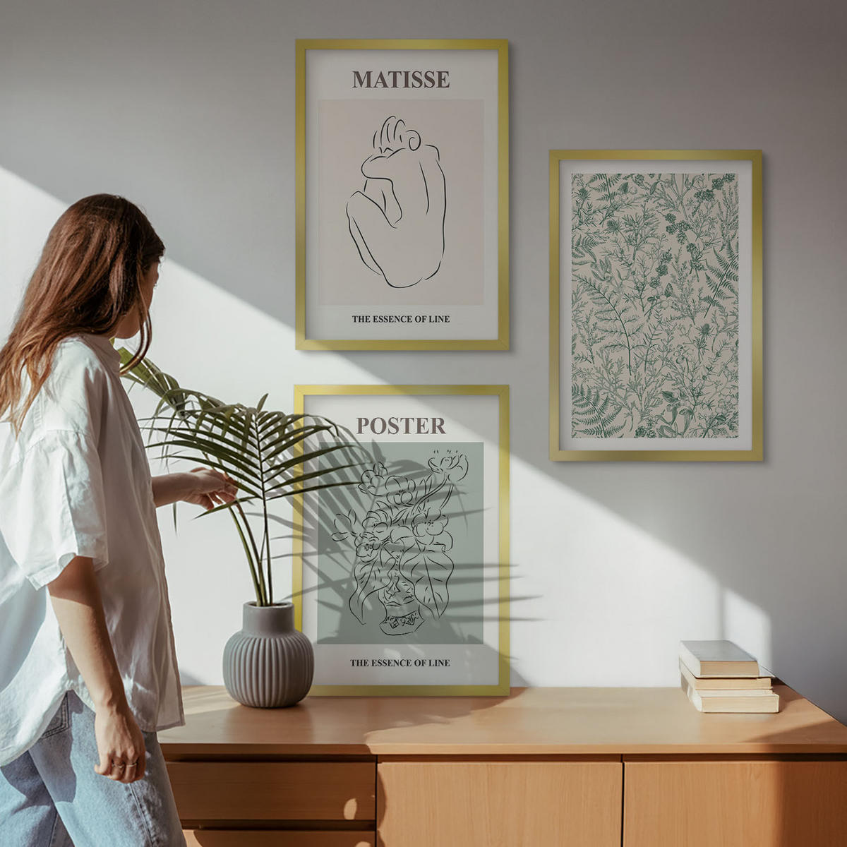 BILDER SET 3er Set - 40x60 cm Goldrahmen - Linien, Pflanzenmuster, Minimalismus - Goldfarben, Kunststoff (40/60cm) - TULUP