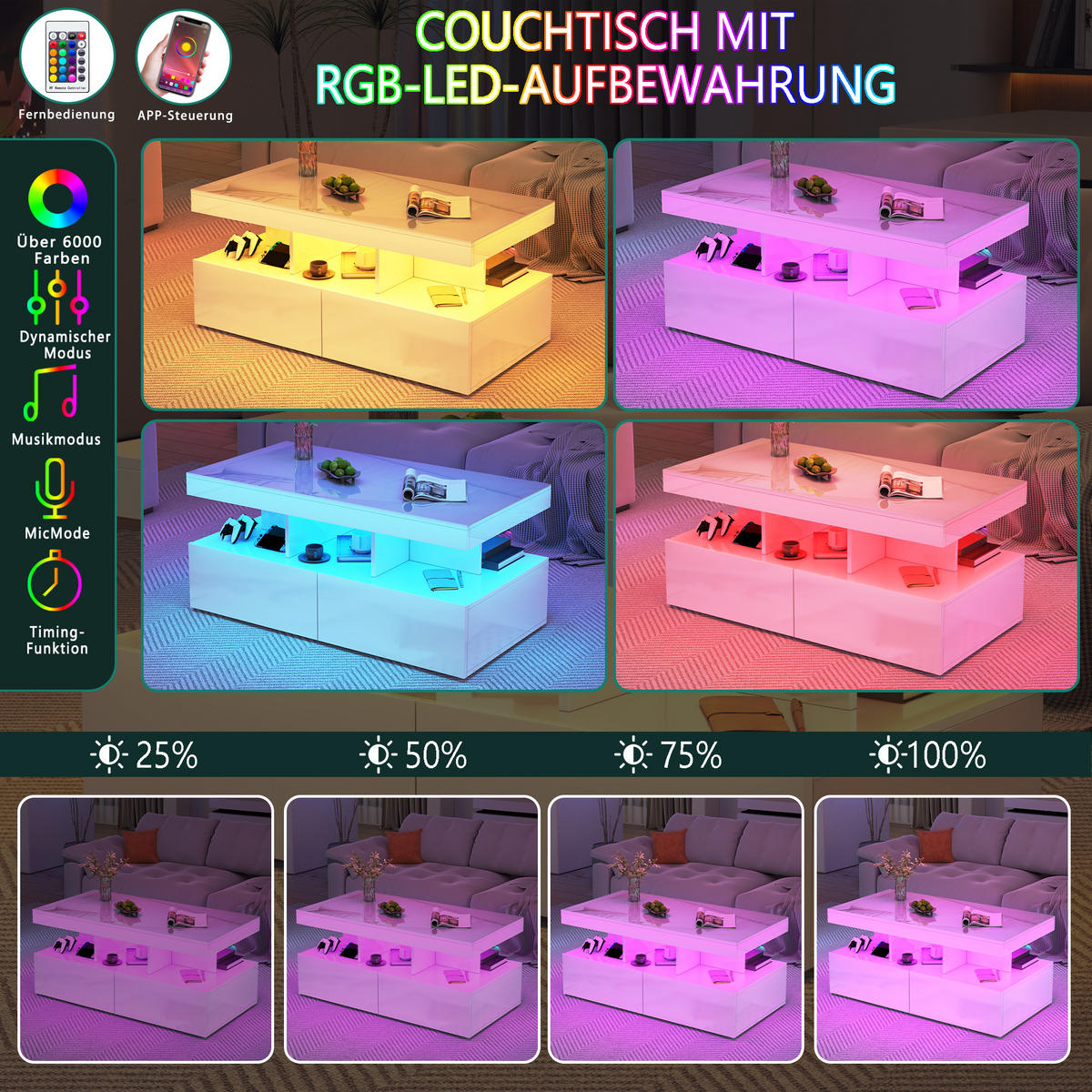 COUCHTISCH mit LED Stauraum Schublade 104x53x46 cm - Weiß, Holzwerkstoff (104/53/46cm) - SHOPENTRA