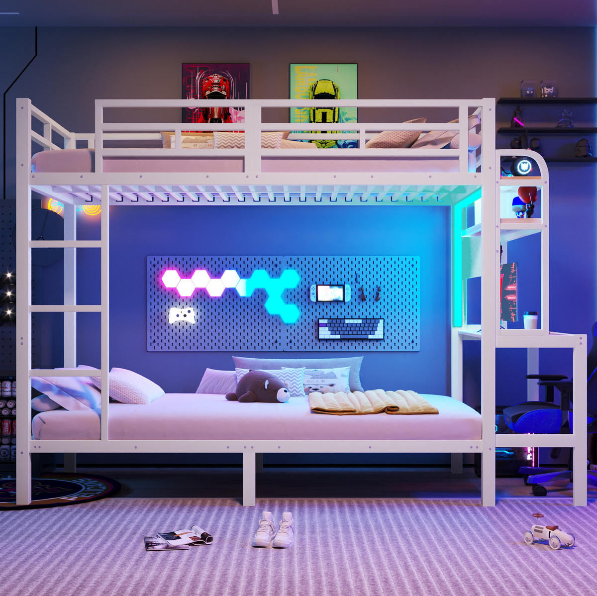 ETAGENBETT 90/200 cm aus Metall mit Schreibtisch, LED-Lichtleiste, USB-Anschluss, Weiß - Weiß, Metall (90/200cm) - OKMYHOME