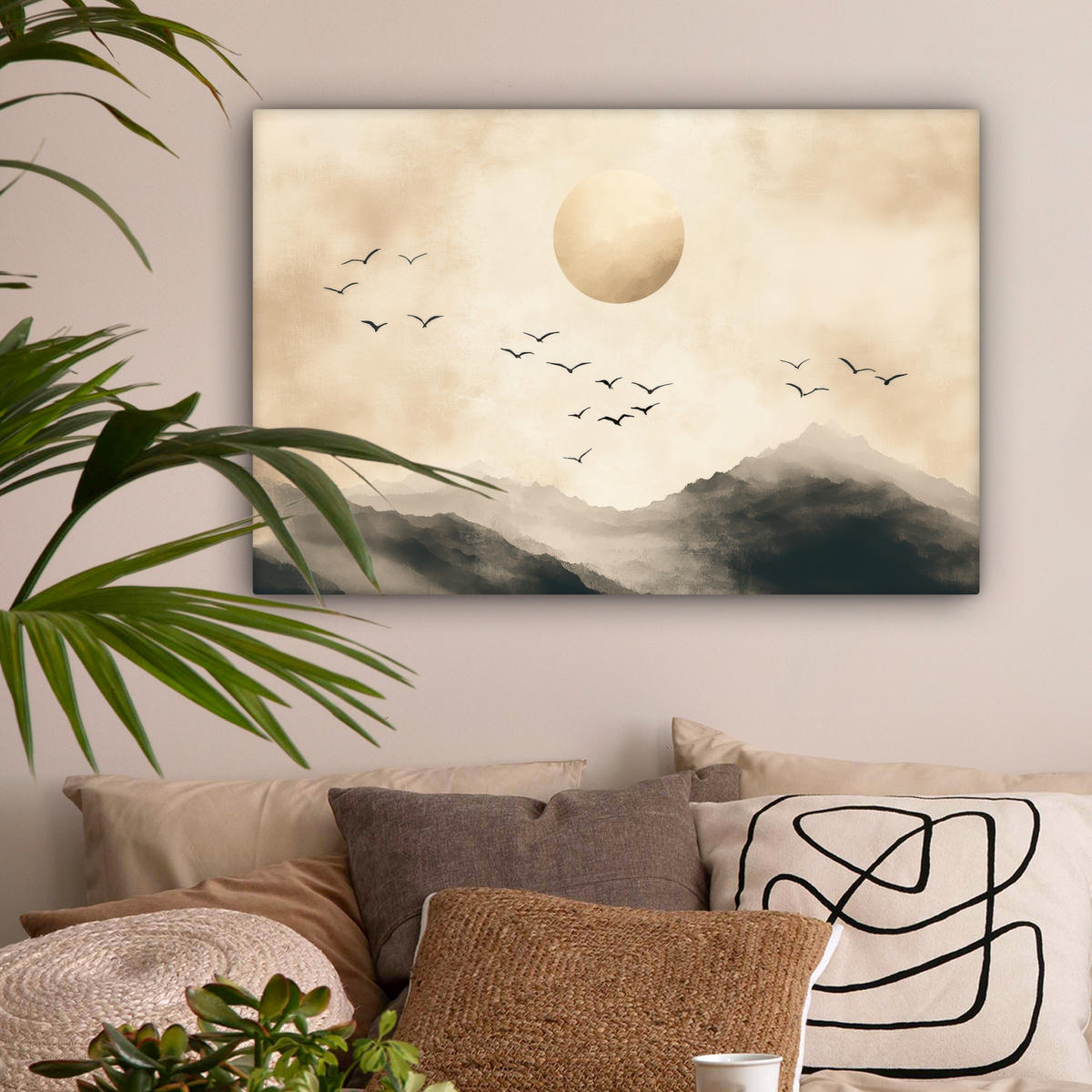 LEINWANDBILD Landschaft - Japandi - Vogel Gemälde 60x40 cm - Beige, Textil (60/40cm) - MuchoWow