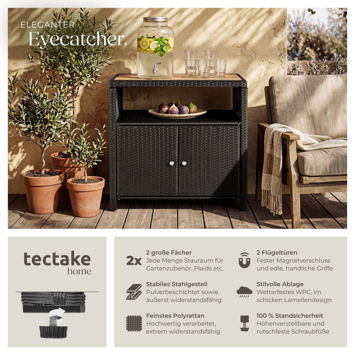 GARTENSCHRANK Monscia, höhenverstellbare Füße, 90 x 55,5 x 87 cm, schwarz - Schwarz, Kunststoff (90/97/55.5cm) - tectake