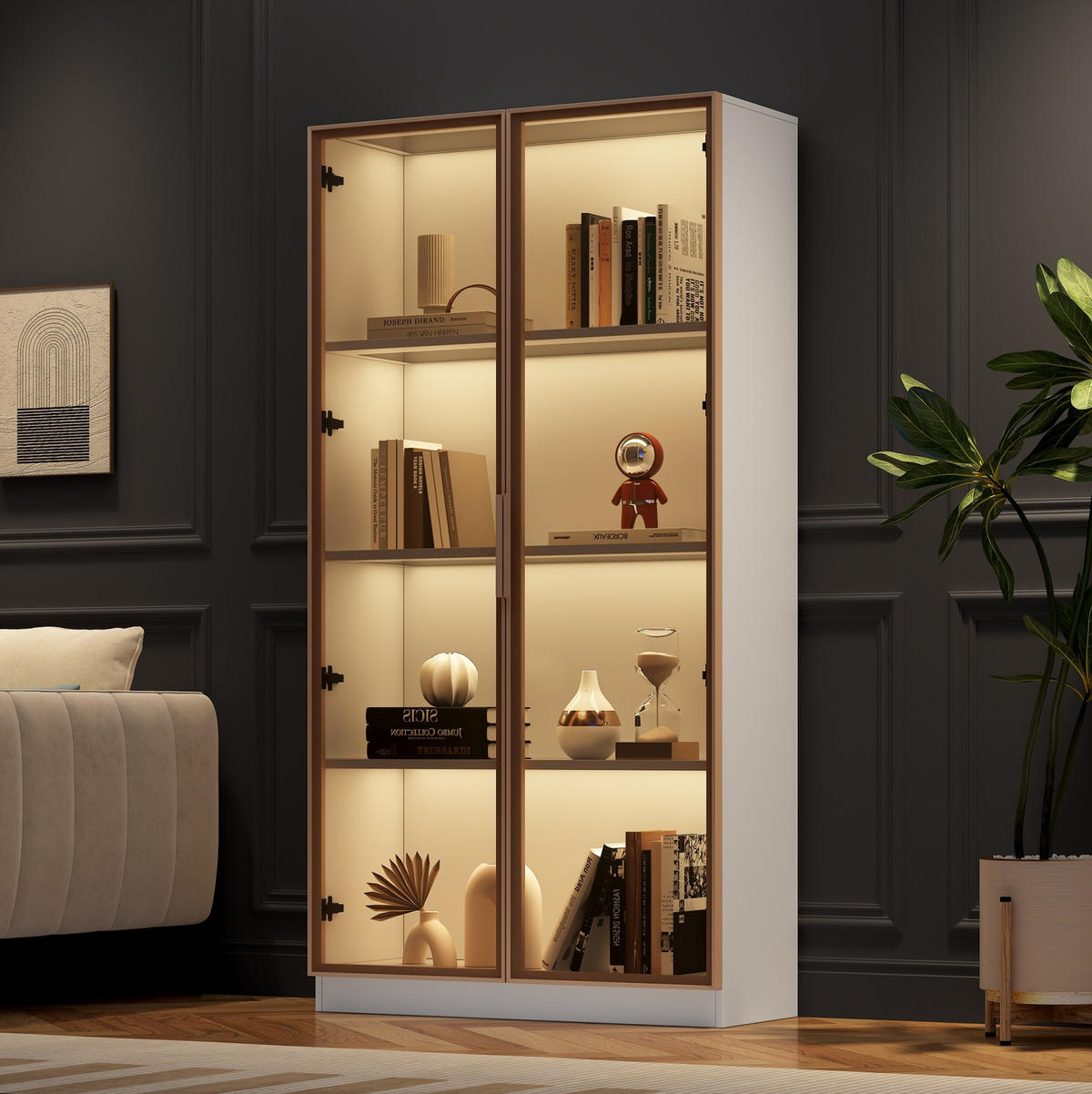 GLASVITRINE aus Spanplatte 80x40x160 cm Weiß mit LED-Beleuchtung, verstellbaren Einlegeböden und Doppeltüren - Weiß, Holzwerkstoff (80/160/40cm) - Modfu