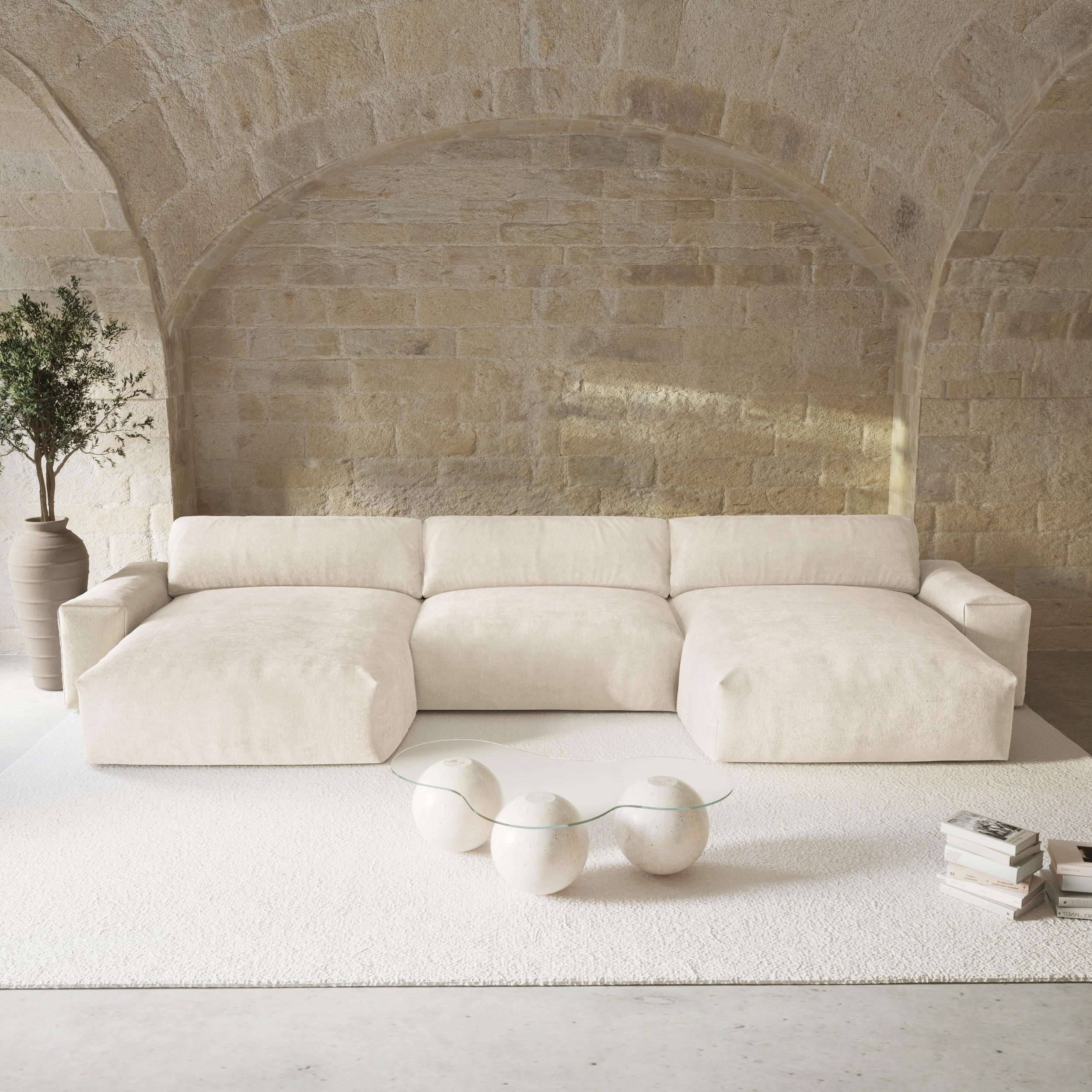 WOHNLANDSCHAFT Samt Creme 420cm - Creme, Textil (420/75/174cm) - Sia Home