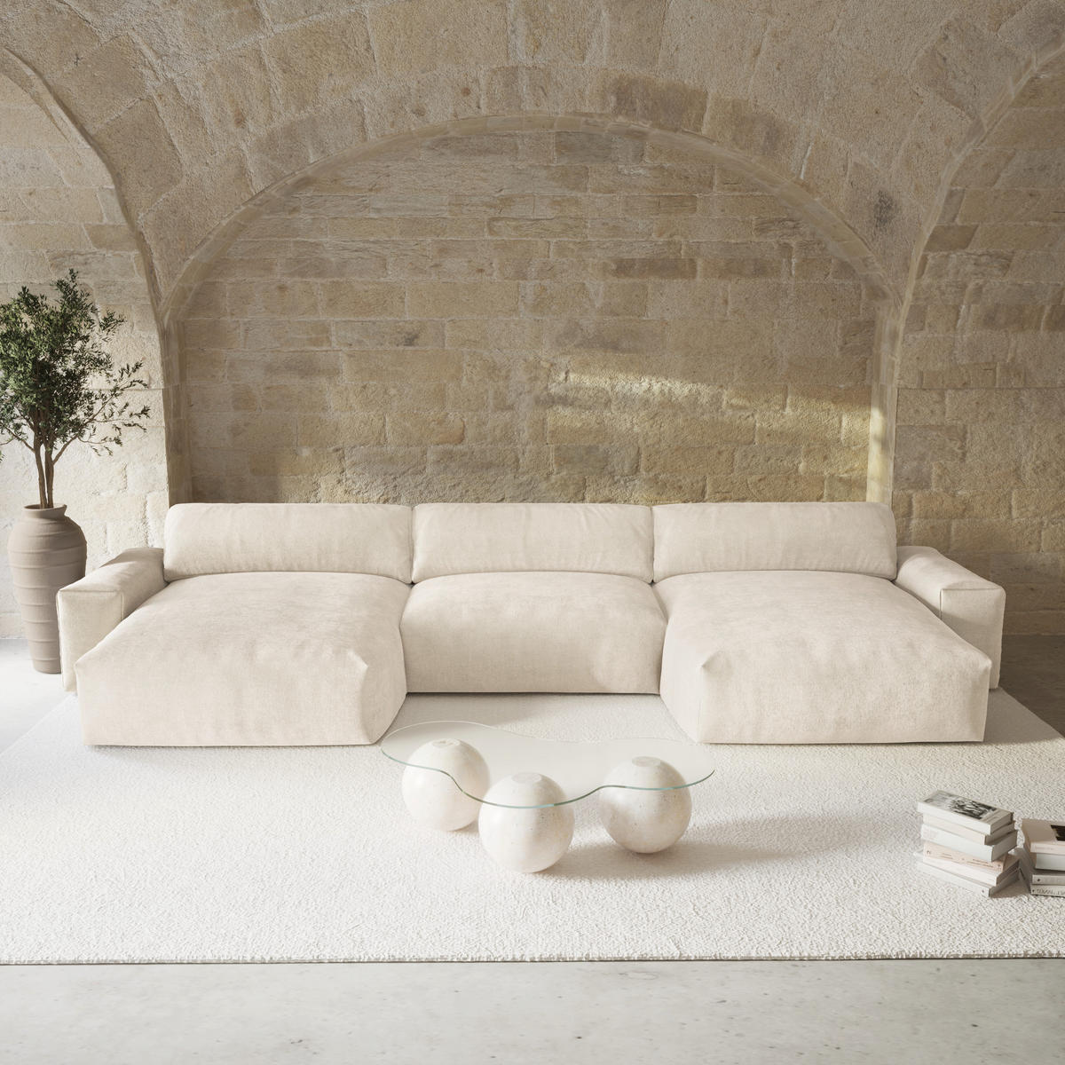 WOHNLANDSCHAFT Samt Creme 420cm - Creme, Textil (420/75/174cm) - Sia Home