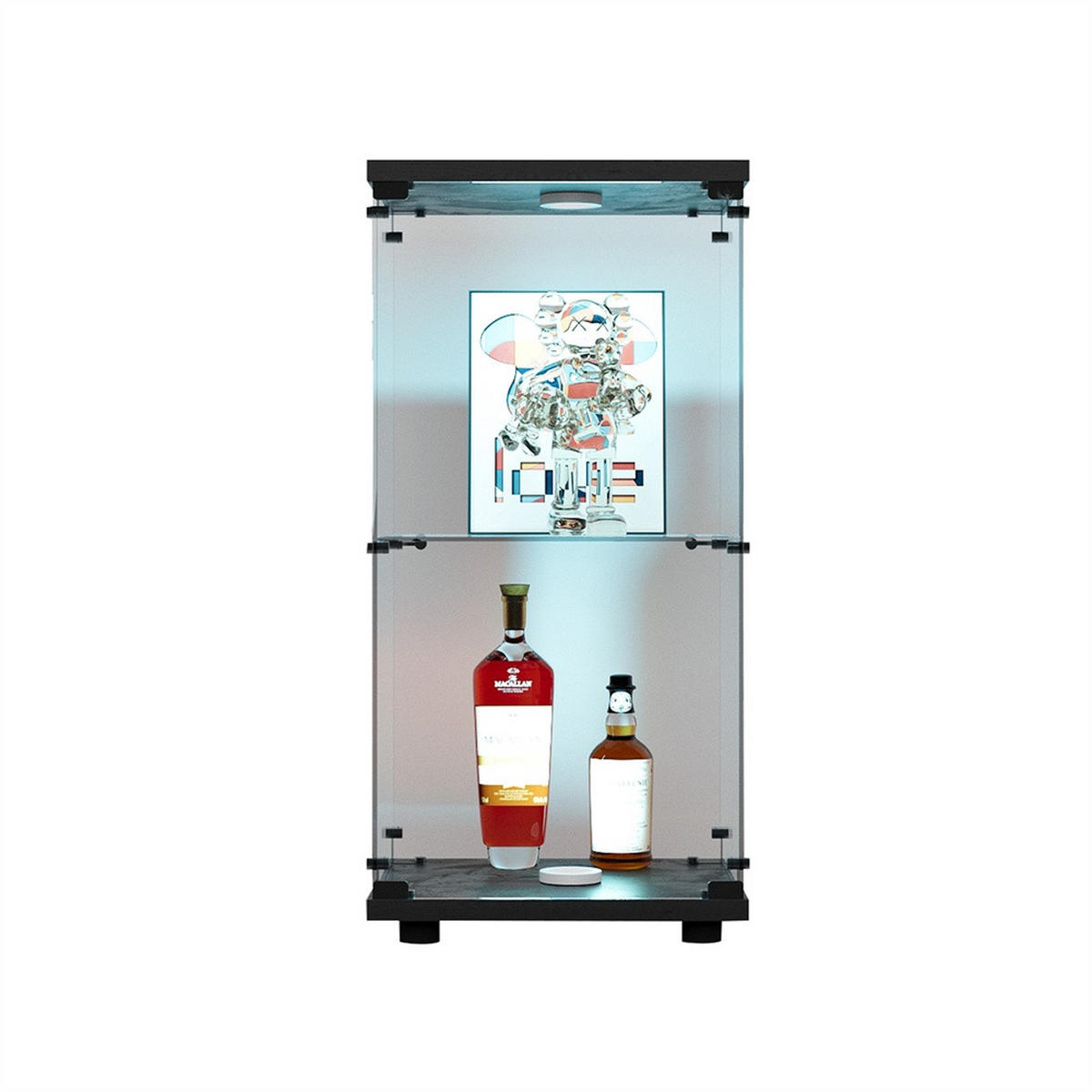 VITRINE - Glasvitrine mit 1 Tür und 2 Ebenen - integrierte LED-Spot-Beleuchtung - Schwarze Decken- und Bodenplatte - Schwarz, Glas (40.35/86.2/36.5cm) - DELFA
