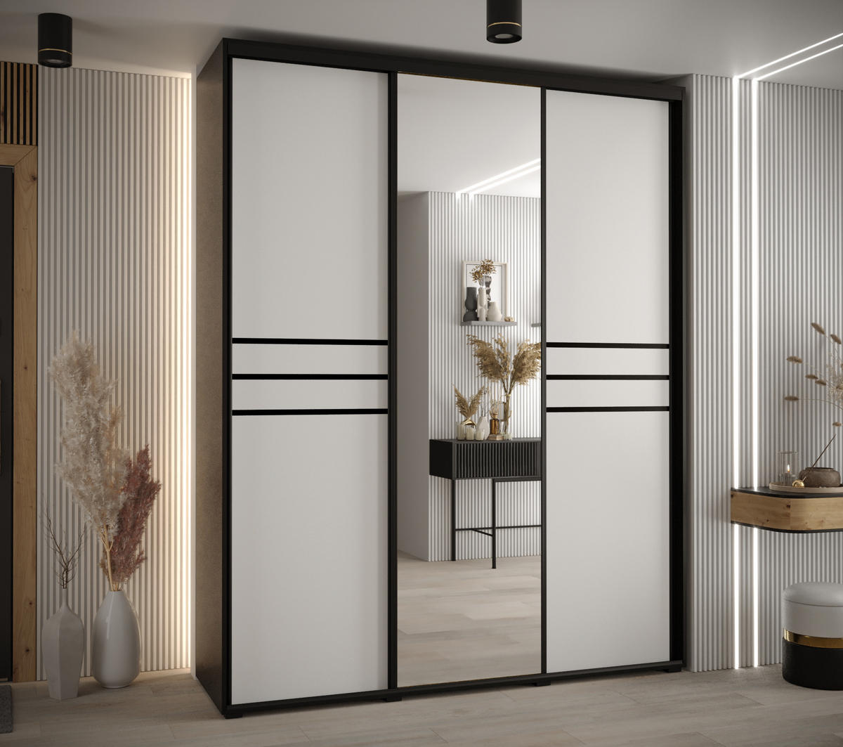 SCHWEBETÜRENSCHRANK 235,2/200/60 3-türig - Schwarz/Weiß, Holz/Metall (200/235/60cm) - Abiks Möbel