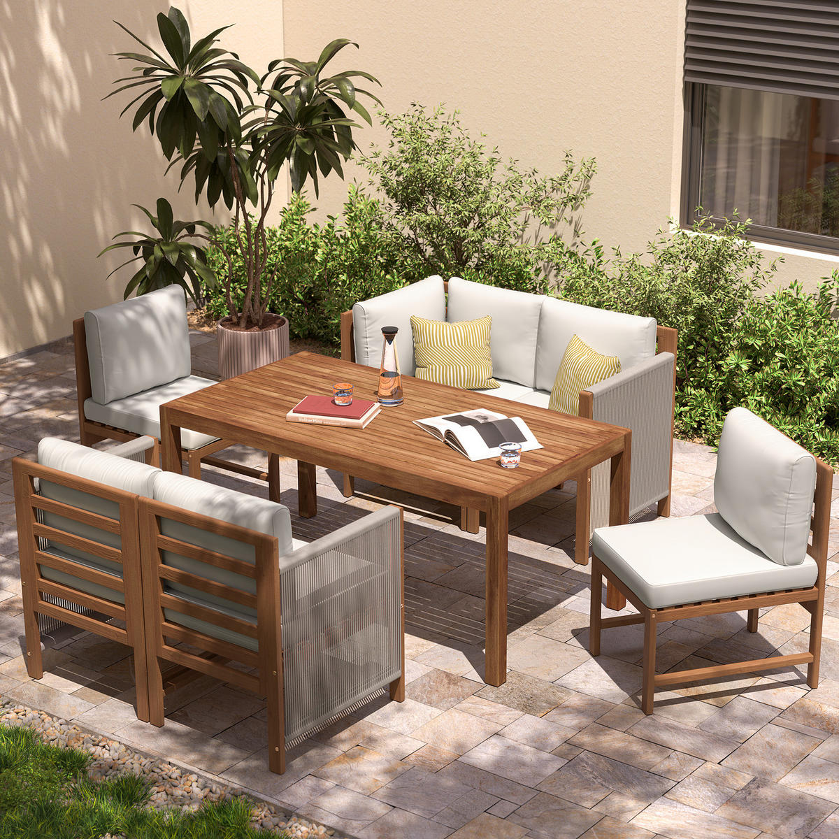 DINING-LOUNGESET - 7-teilig - Akazie massiv / Polyester - Braun / Beige - Beige/Braun, Holz/Textil - home24
