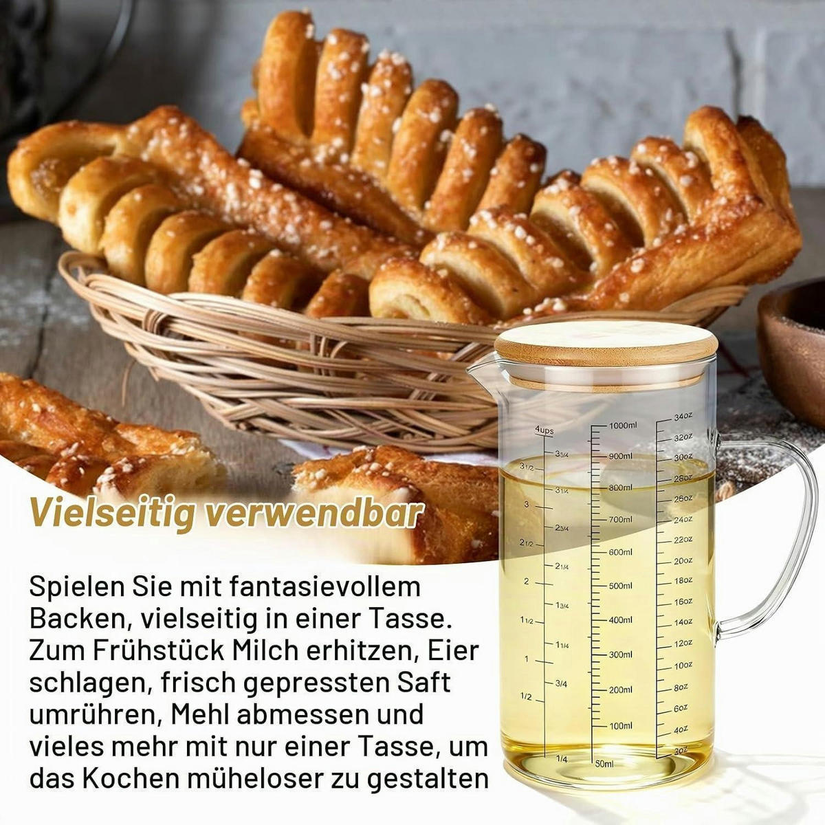 MESSBECHER 1L Glas mit Griff und Deckel - Transparent, Glas (1L)