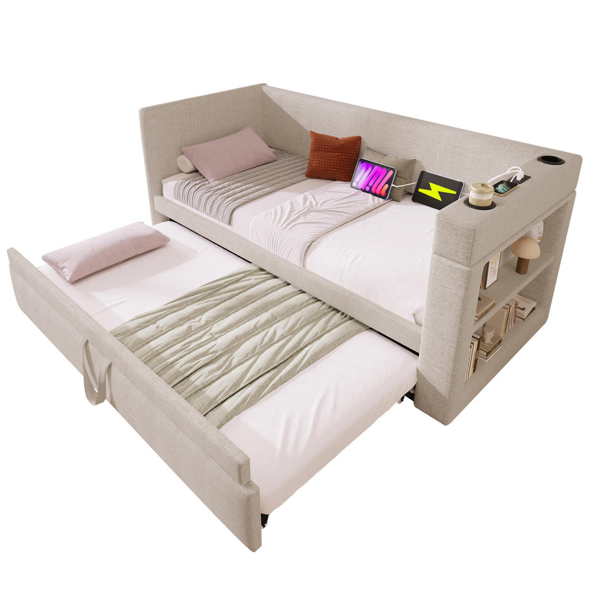 POLSTERBETT 90/190 cm mit Ausziehbett, USB-C und Getränkehaltern - Beige, Textil (90/190cm) - BEAOK