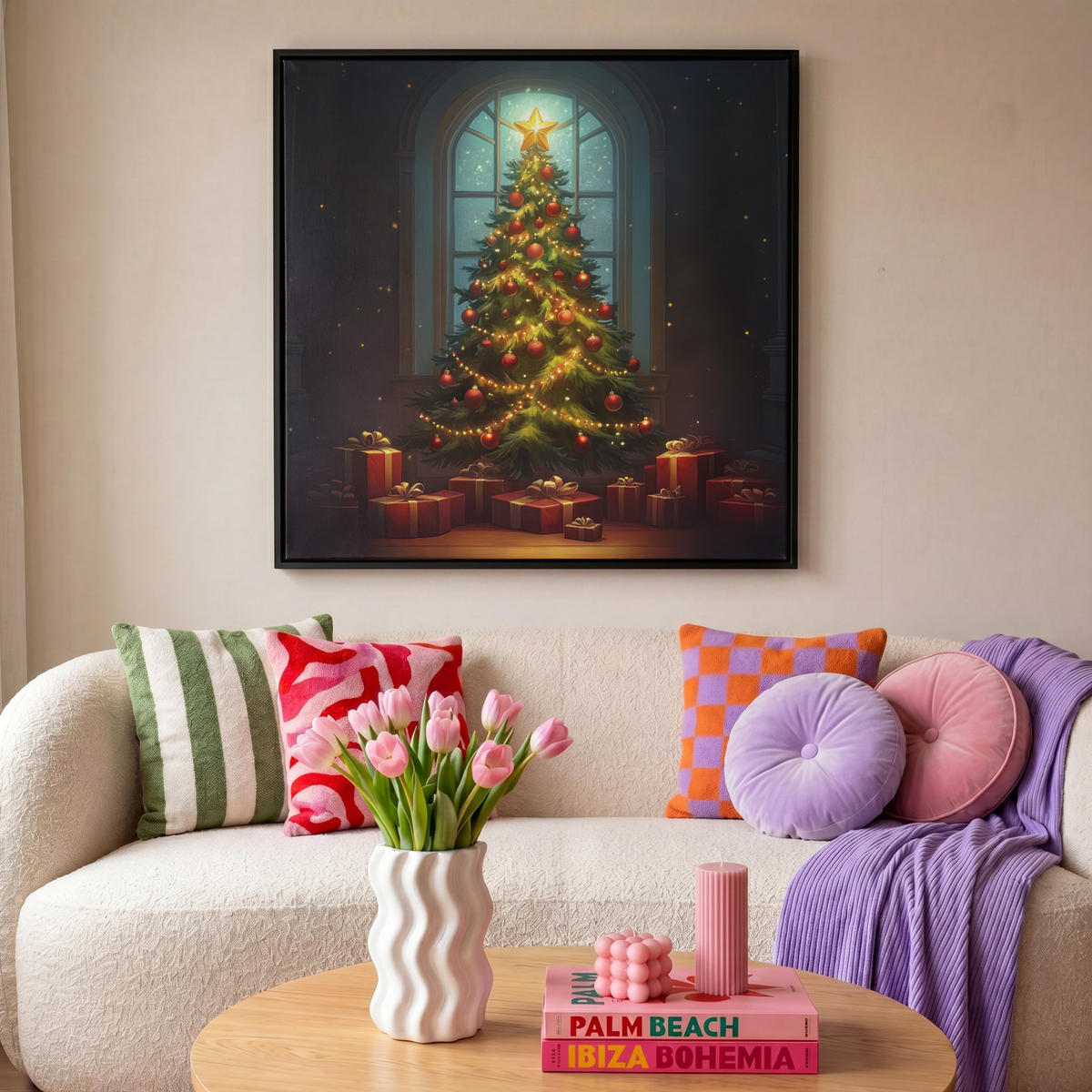 LEINWAND Bilder mit Rahmen - Weihnachtsbaum - Geschenk - Winter - 90x90 - Grün, Textil (90/90cm) - MuchoWow