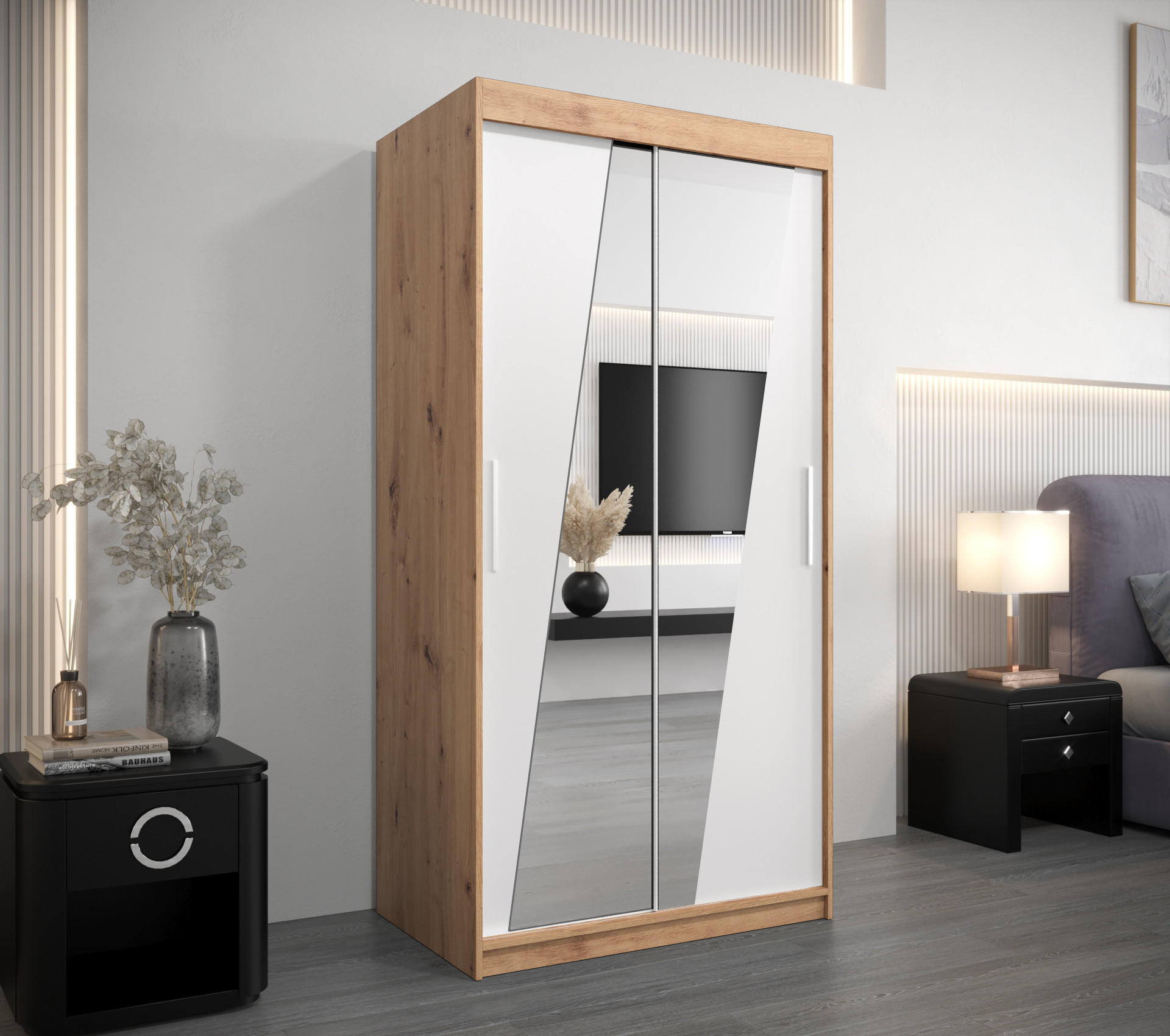 SCHWEBETÜRENSCHRANK 200/100/62 2-türig - Silberfarben/Weiß, Holz/Kunststoff (100/200/62cm) - Abiks Möbel