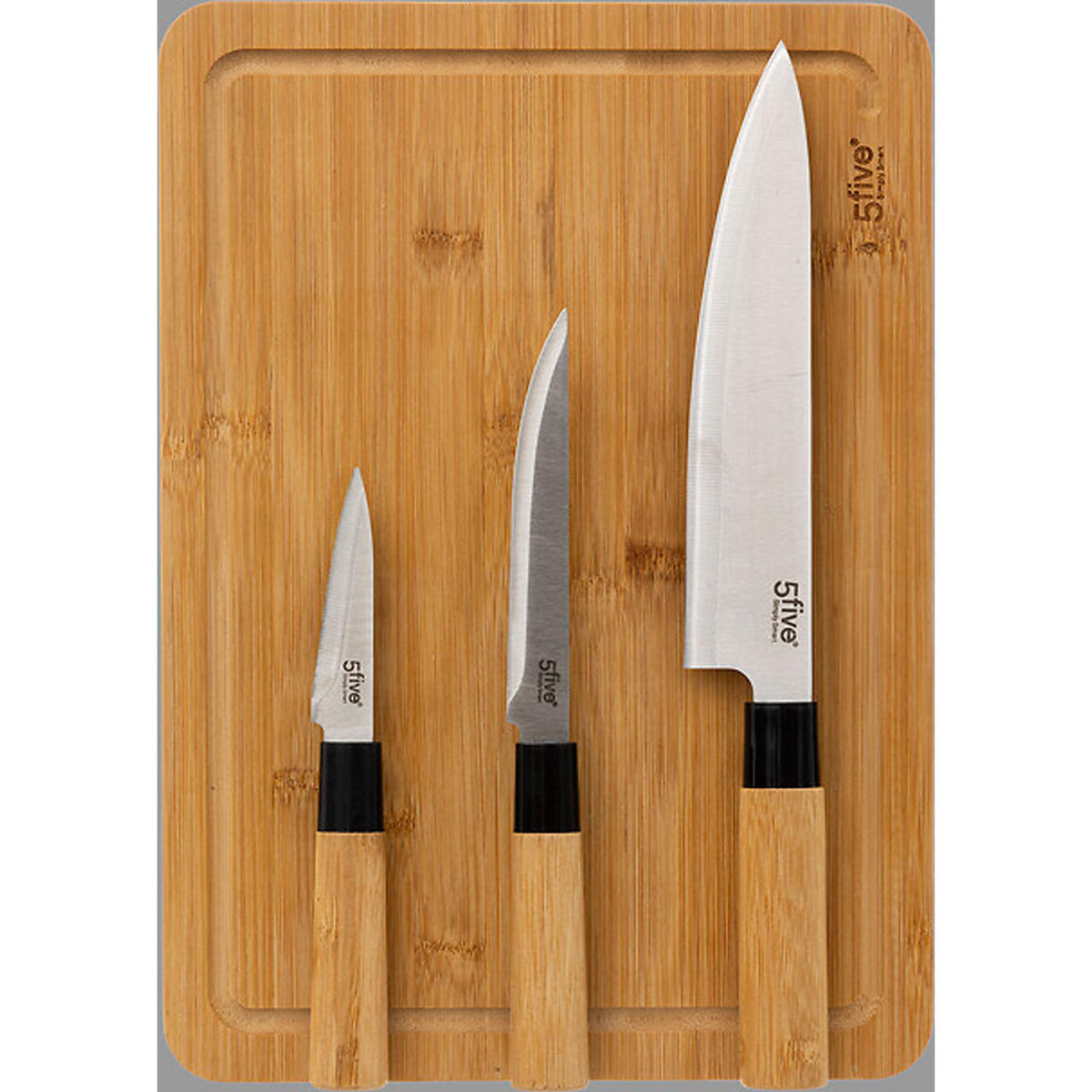 SCHNEIDEBRETT Set Black Bamboo mit 3 Messern, Bambus, Edelstahl, Braun, 35 x 25 cm - Braun, Holz (26.5/40.2cm) - 5five Simply Smart