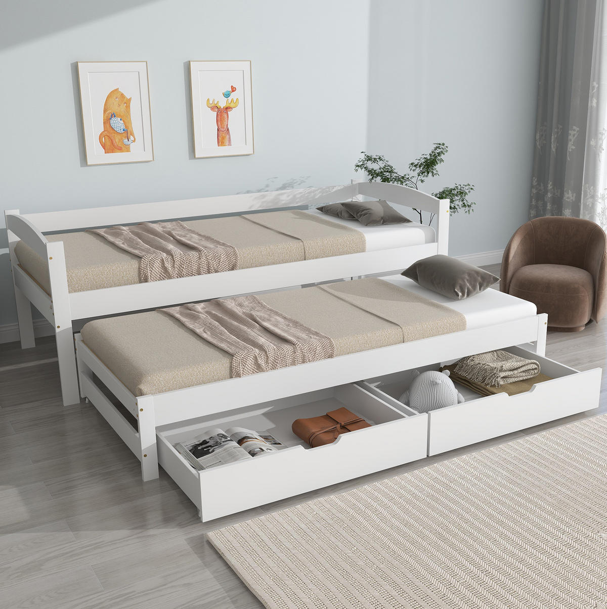 DNEVNI krevet 200/90 cm bijeli od masivnog drva i MDF-a s pomoćnim ležajem i 2 ladice - bijela, drvni materijal (90/200cm) - OKWISH