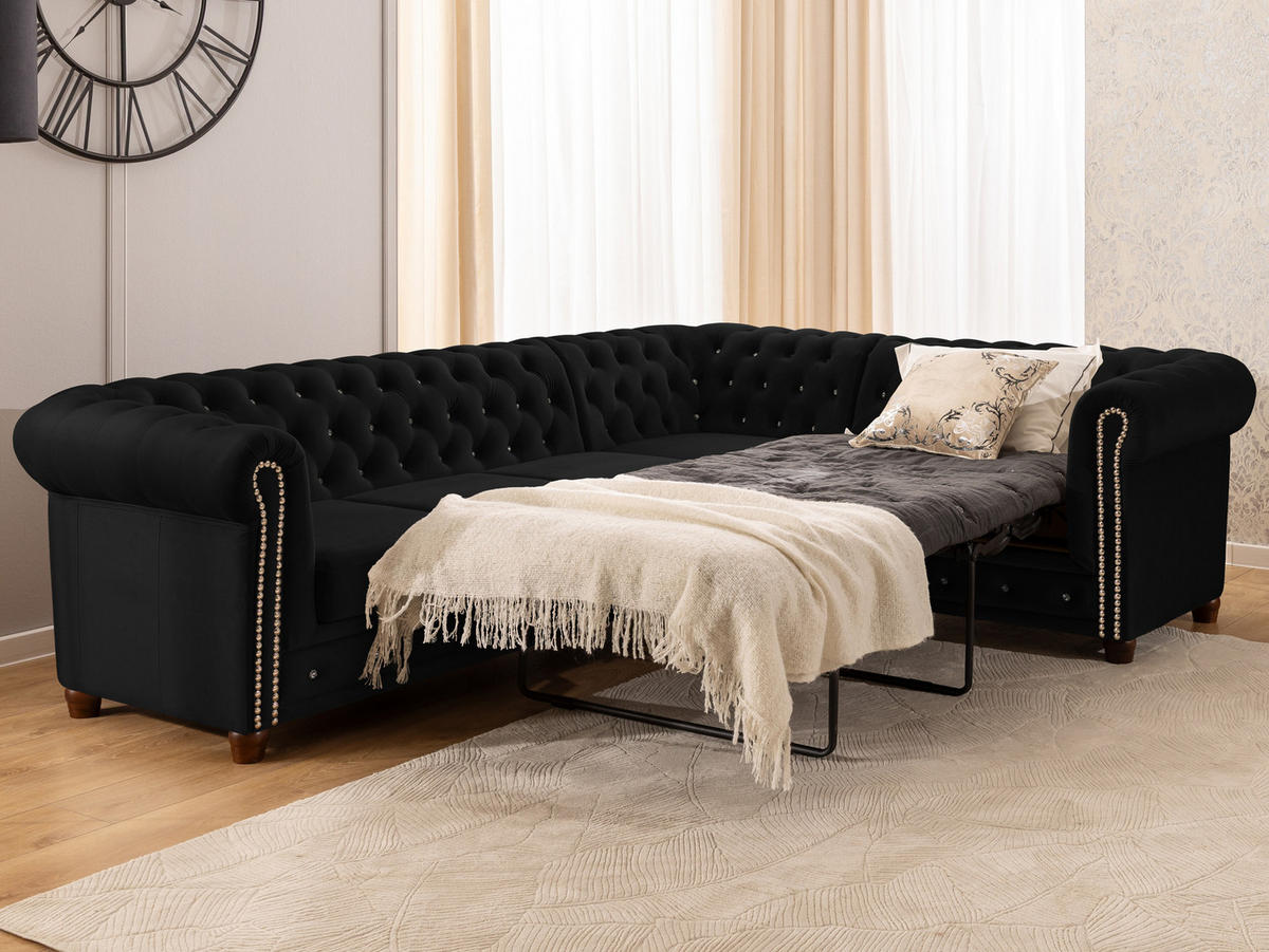 ECKSOFA mit Schlaffunktion Chesterfield Schwarz Samt mit Kristallsteppung und braunen Massivholzfüßen - Ottomane Rechts - Schwarz/Braun, Holz/Textil (264/210cm) - S-Style Möbel