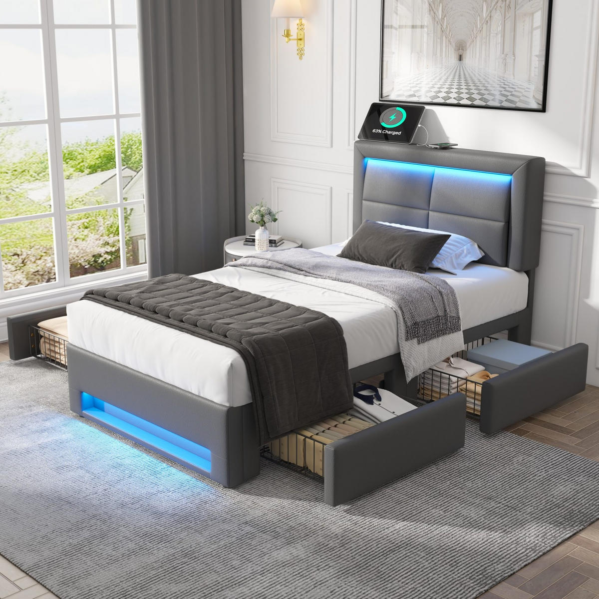 POLSTERBETT aus Kunstleder 90x190 cm in Grau mit LED-Beleuchtung & USB - Grau, Leder (90/200cm) - Modfu