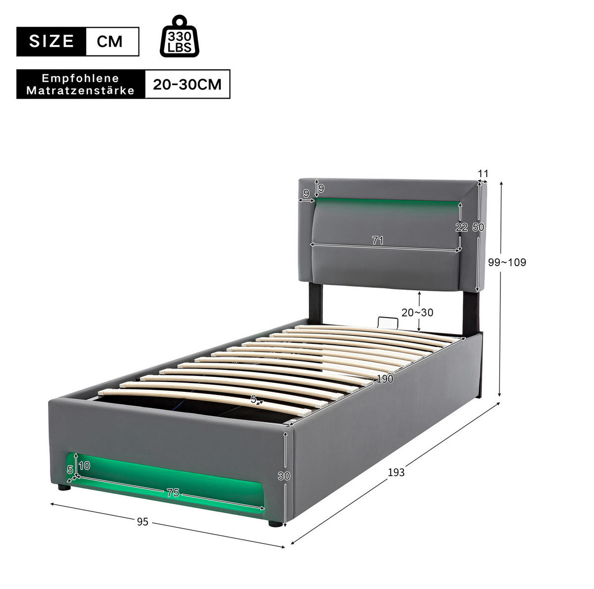 ČALÚNENÁ posteľ 90/190 cm z PU v sivej farbe s LED, USB a úložným priestorom - sivá, plast (90/190cm) - Modenvie