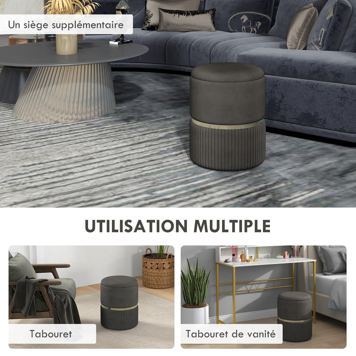 POUF DE-16379 mit Stauraum und Rippenvelours Grau - Grau, Textil (36/44/36cm) - ComfortXL