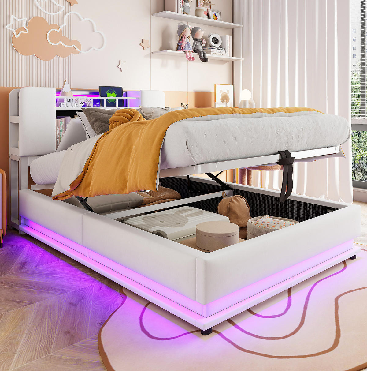 ČALÚNENÁ posteľ 90/200 cm s LED osvetlením, USB portom a hydraulickým úložným priestorom, zamat, Béžová - béžová, textil (90/200cm) - Redom