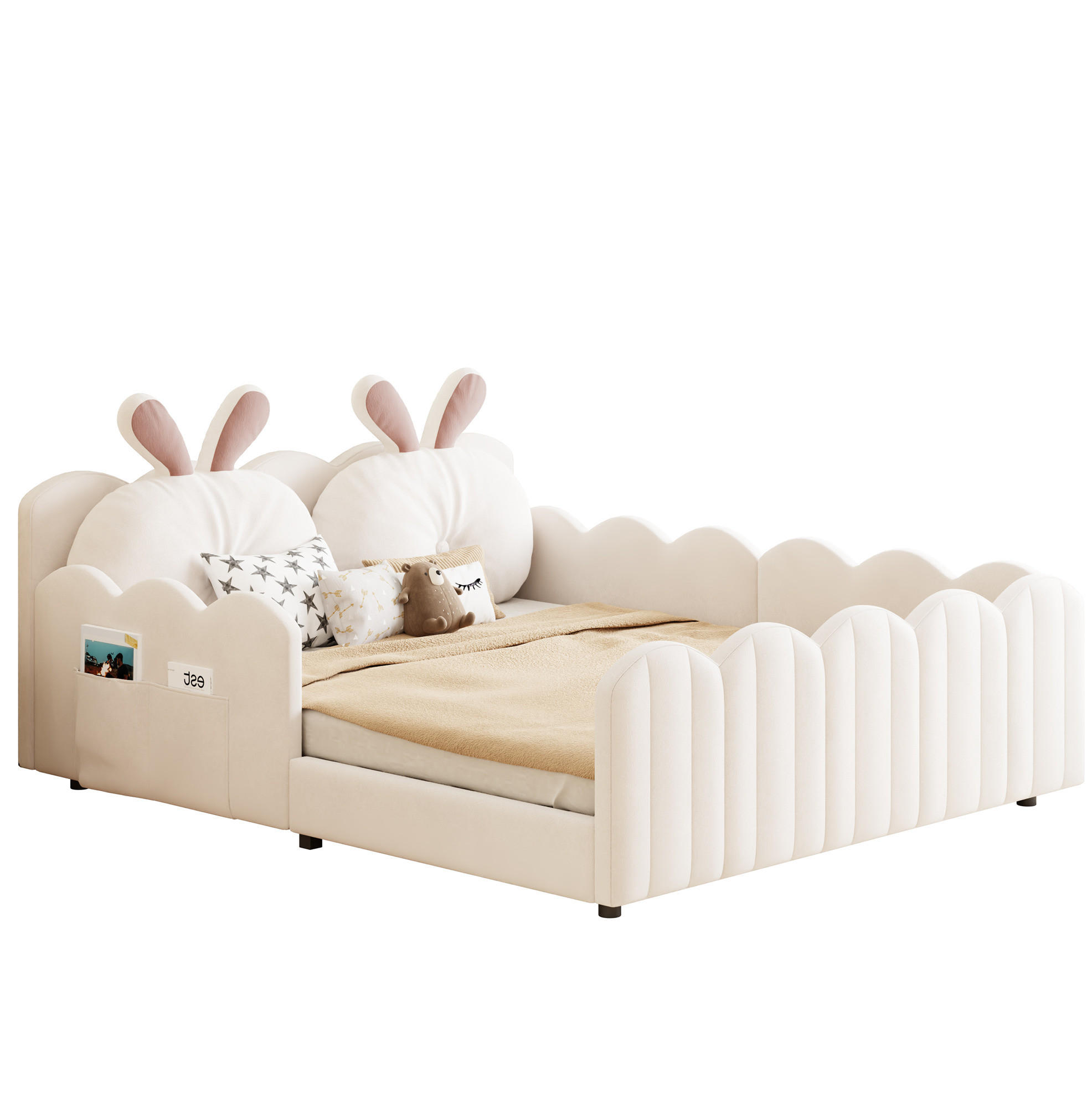 POLSTERBETT 140/200 cm Beige mit Schutzgeländer und Kopfteilkissen - Beige, Textil (140/200cm) - MIVRAY